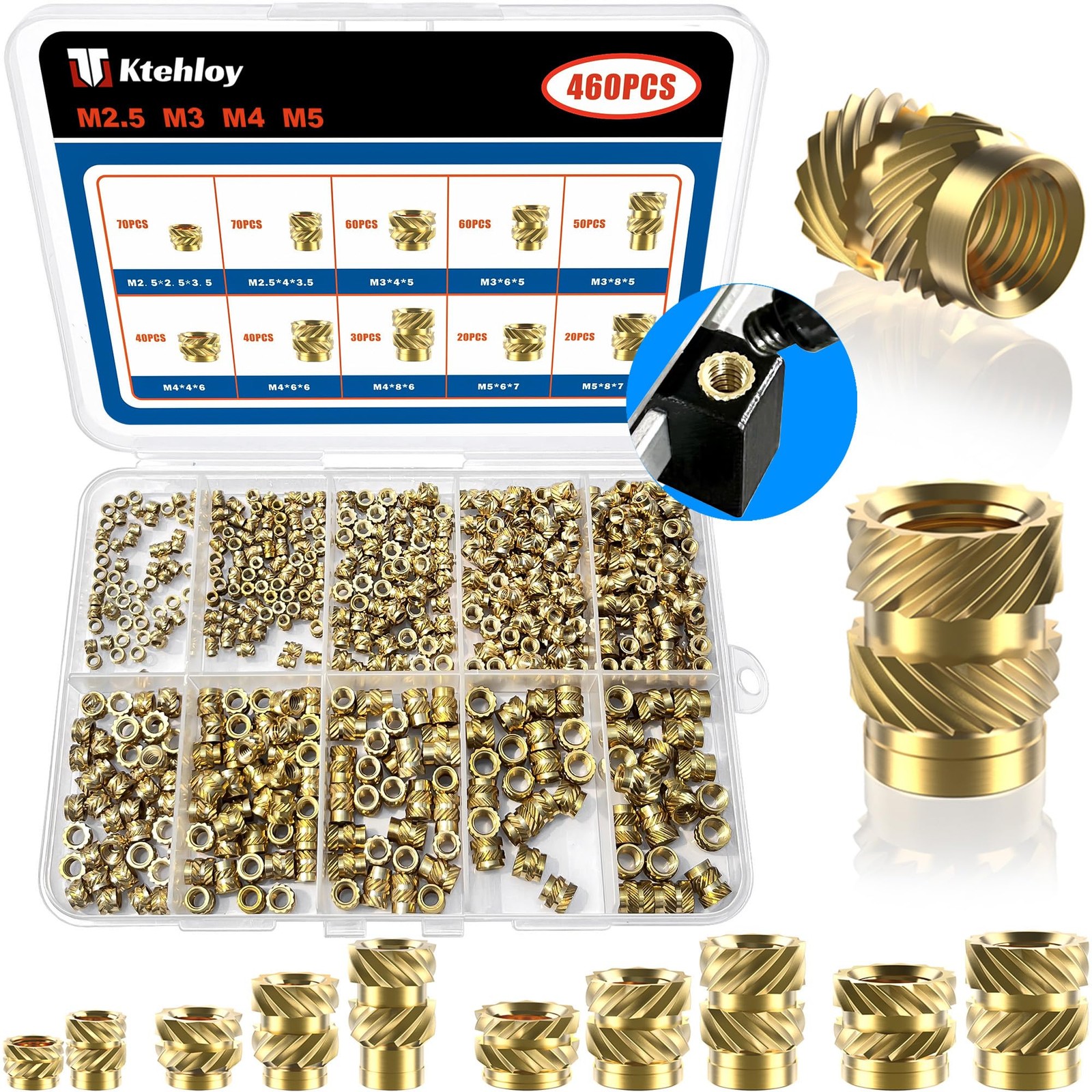 Ktehloy 460Pcs Threaded Inserts, M2.5 M3 M4 M5 M6 (15size), Gold