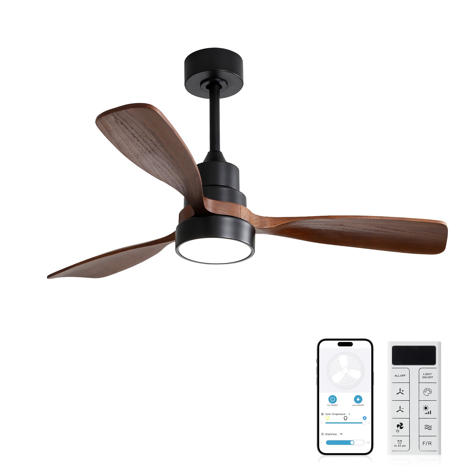 48" Modern Ceiling Fan With Lights 3 Wood Fan Blade Noiseless Reversible Motor