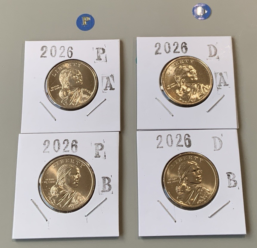 2026 P&D Sacagawea Dollar From USMINT Roll / 4-Coins Set POS. A&B w. Coin Flip