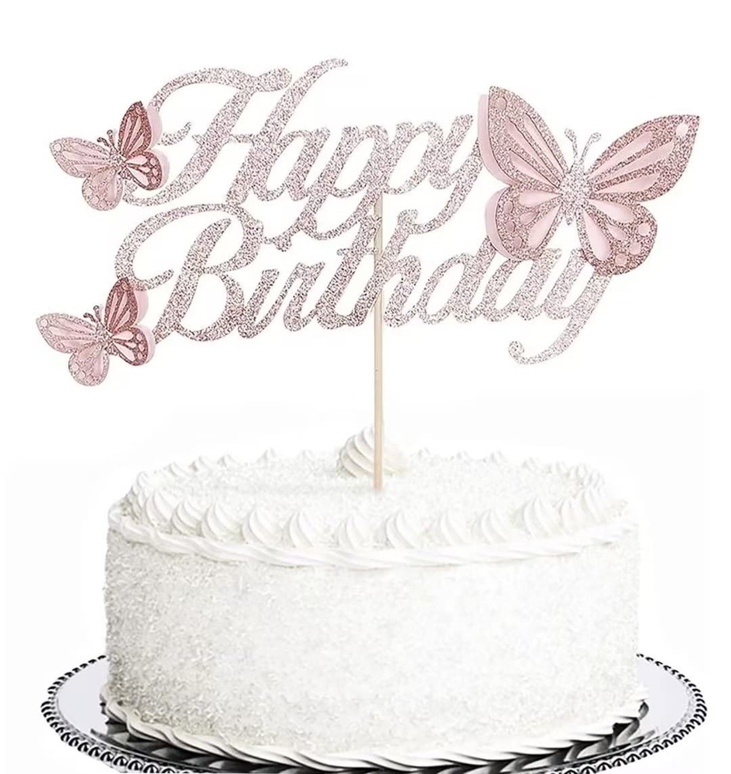 Glitter Double Sided Rose Gold Butterfly Happy Birthday Cake Topper – Asse