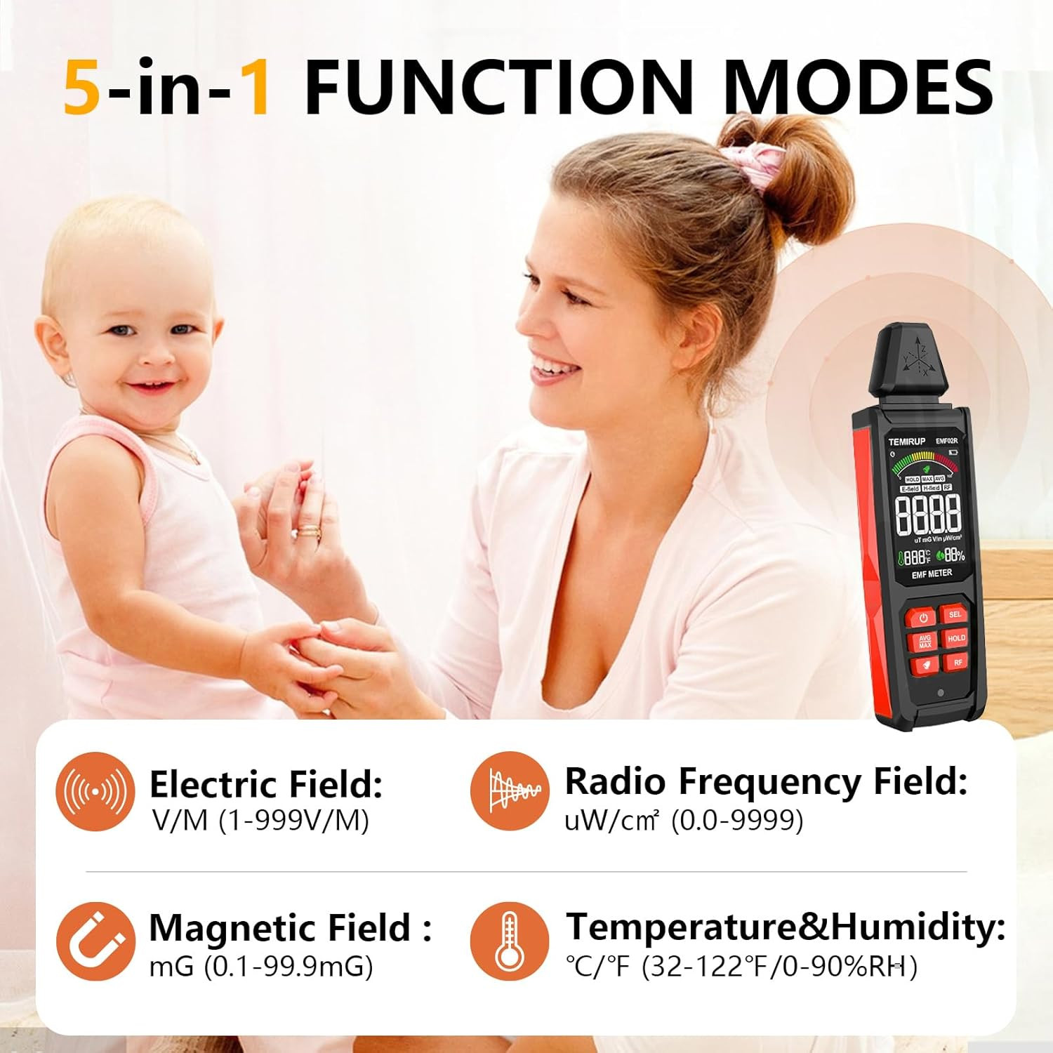EMF Detector, TEMIRUP 5 in 1 Handheld EMF Meter Radiation Detector, Detects EF,