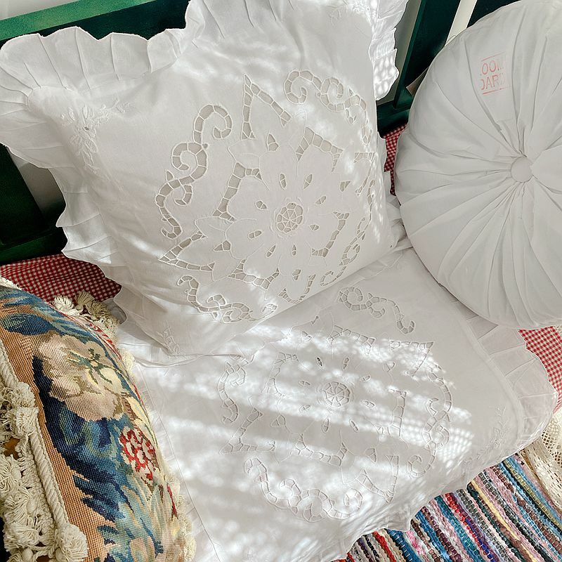 Elegant White Flower Embroidery Hand Hemstitch Wide Frill Cotton Cushion Cover