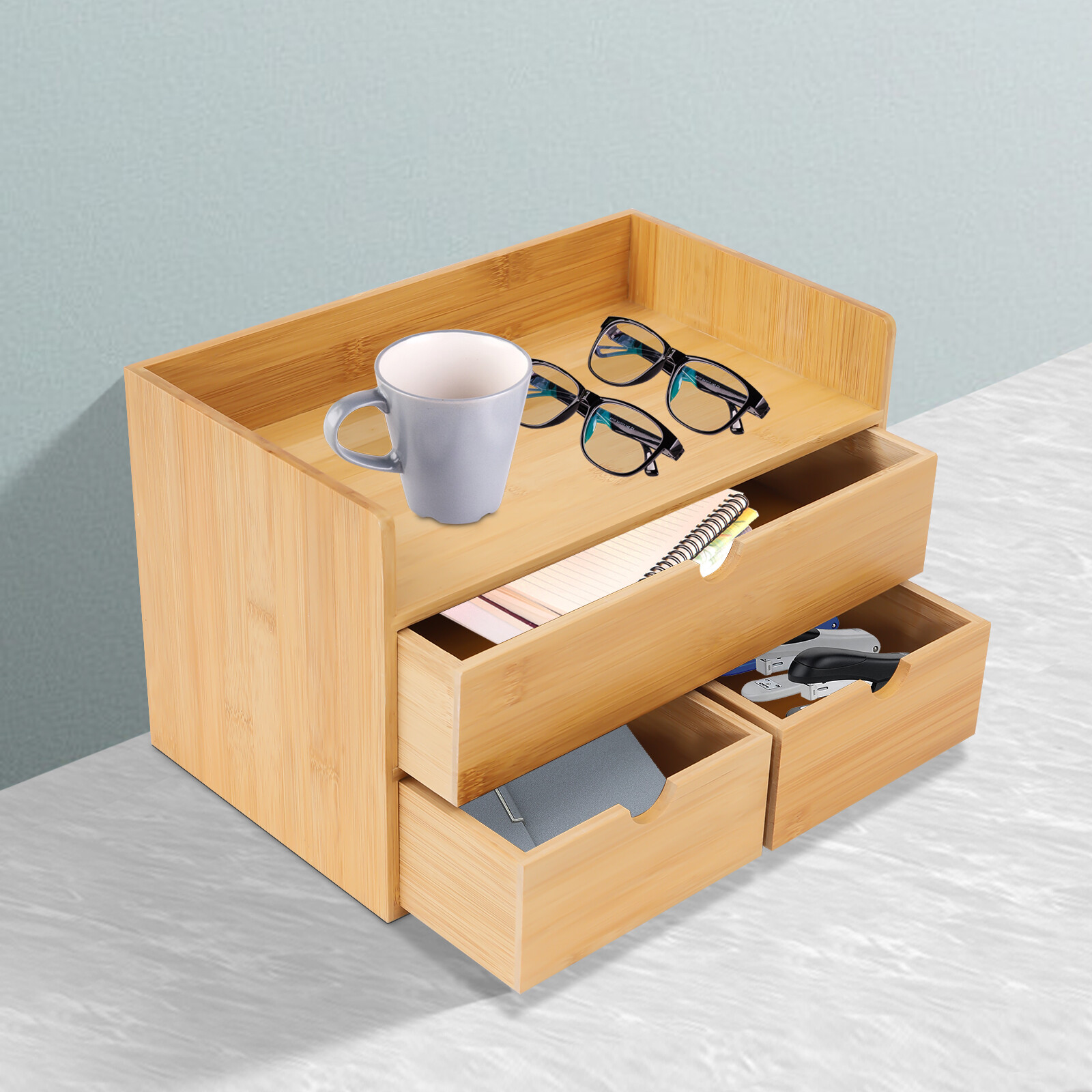 Bamboo Desk Organizer with 3 Drawers Tabletop Cosmetic Storage Simple Design NEW