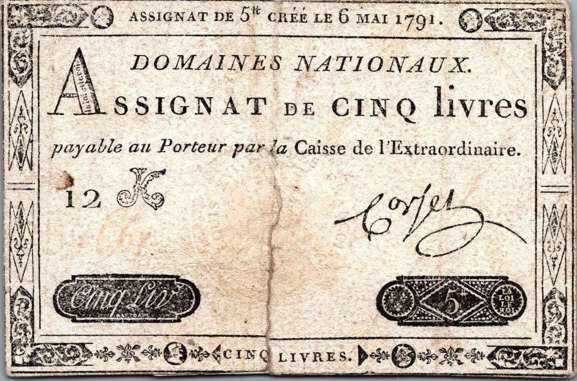 French Revolution 5 Livres 1791 " RARE BANKNOTE "