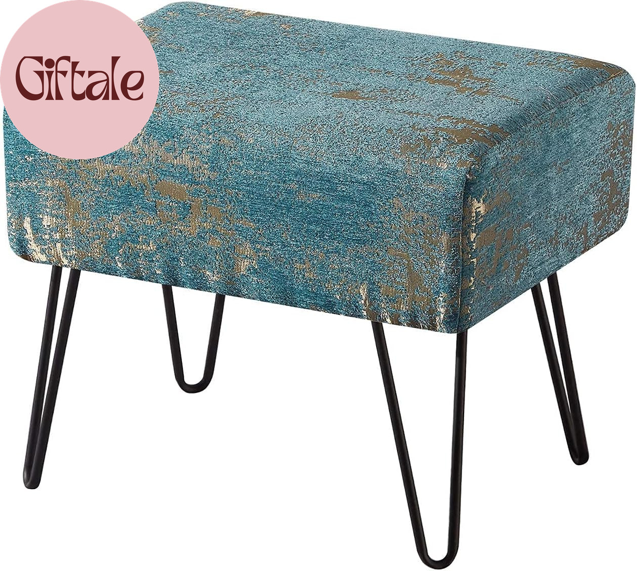Blue Jacquard Chenille Ottoman, 19" X 13" X 17" H, Kasula-Turquoise, Fuzzy Entry