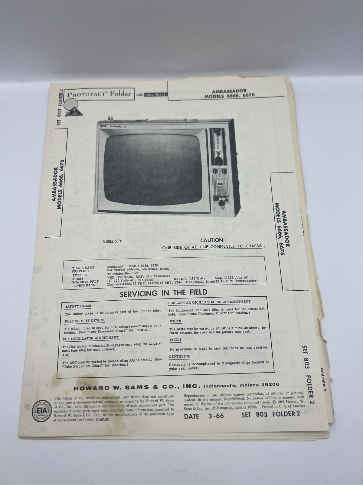Vintage 1966 SAMS PHOTOFACT Manual Schematic Ambassador 6666 6676 TV Television