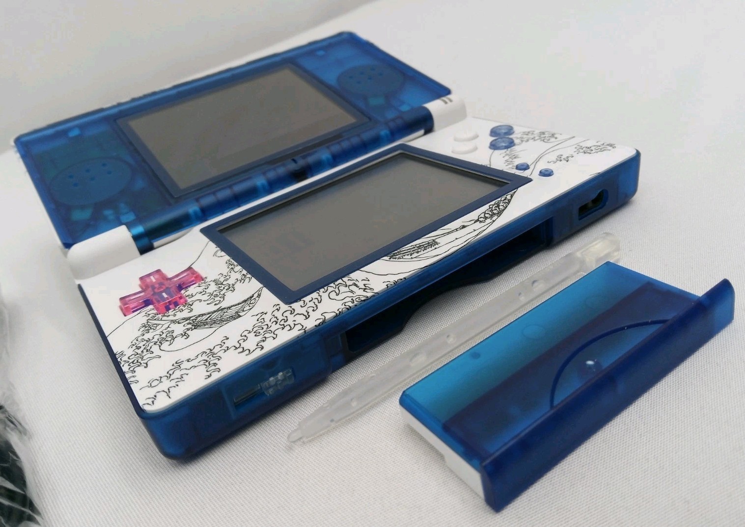 Nintendo DS Lite ReShell Deep Blue Wave Pink USB Cable Gameboy Advance GBA Nice