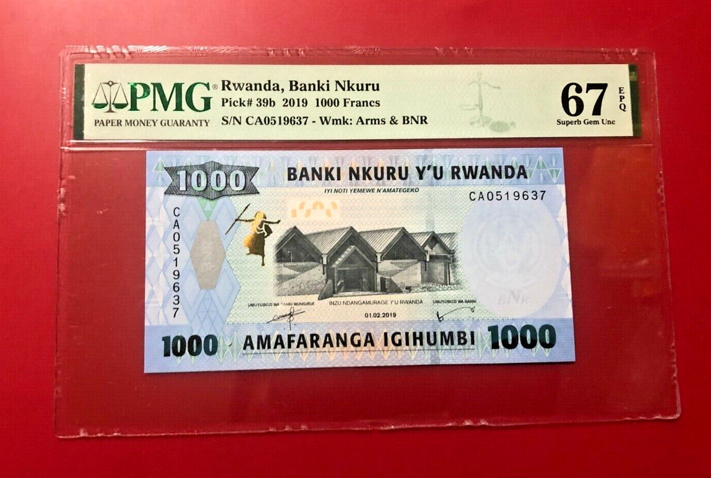 PICK# 39b RWANDA BANKI NKURU 2019 1000 FRANCS PMG 67 EPQ TOP POP