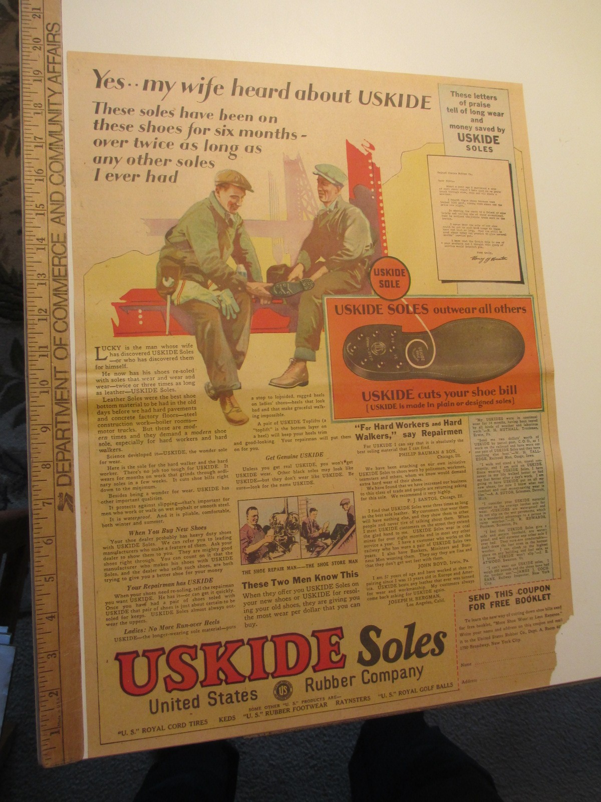 newspaper ad 1928 US RUBBER USkide construction girder work boot shoe soles AW