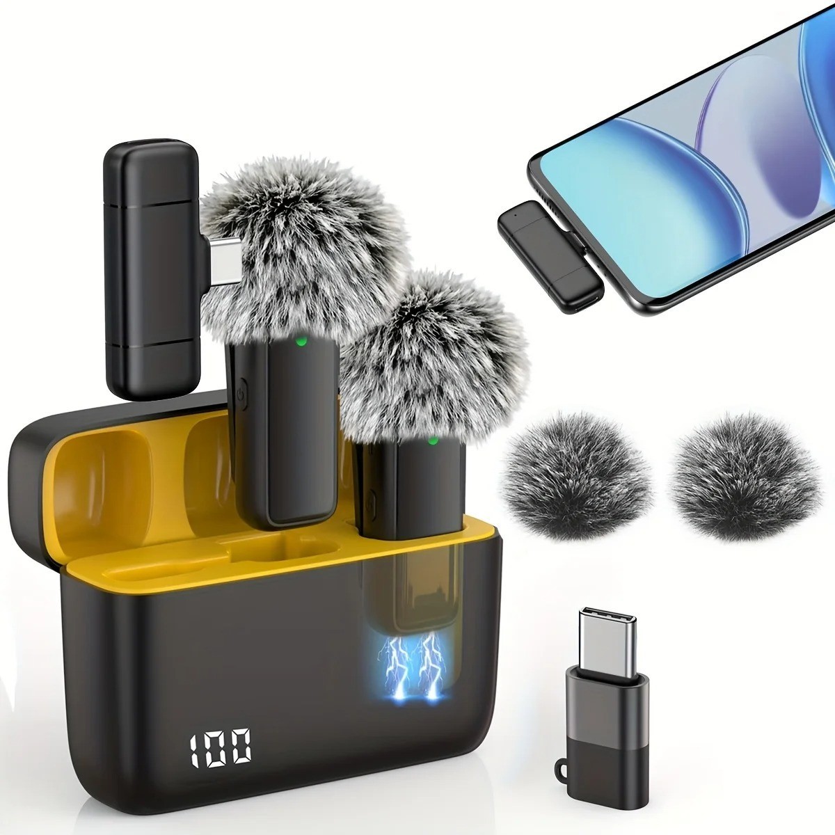 Wireless Lavalier Microphone Charging Case Noise Cancelling Clip Mic Phone PC