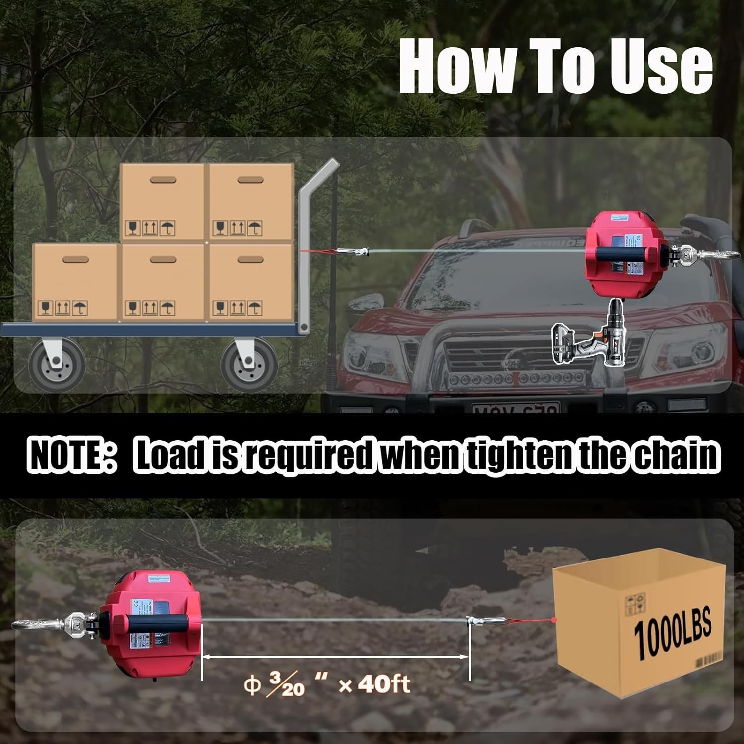 Portable Drill Winch 1000LB Pulling Capacity with 40 Feet Steel Wire Rope