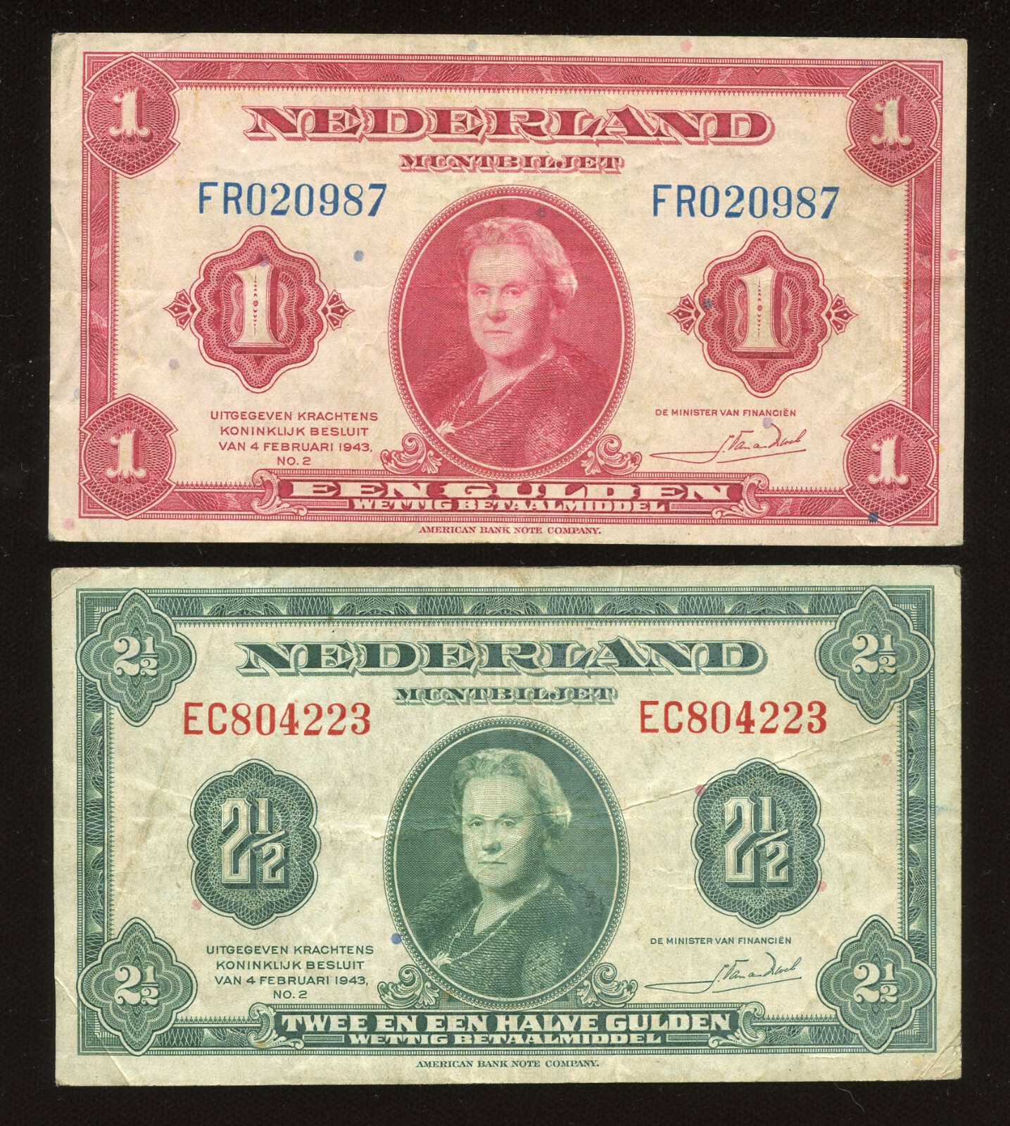 Netherlands 1 & 2 1/2 Gulden 1943, P-65 & 111   A3