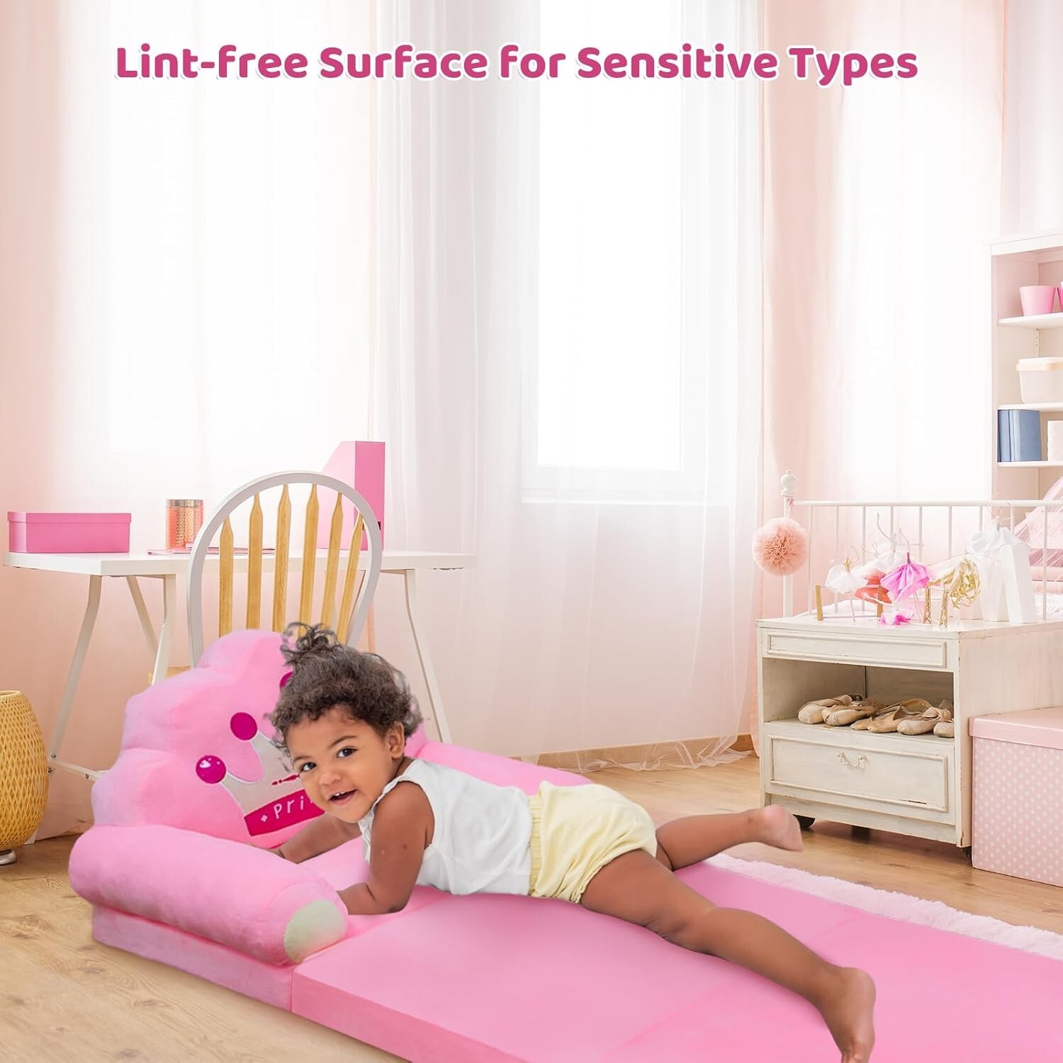 Kids Fold Out Couch, Couch for Toddlers 1-3, 2-in-1 Foldable Pink Crown