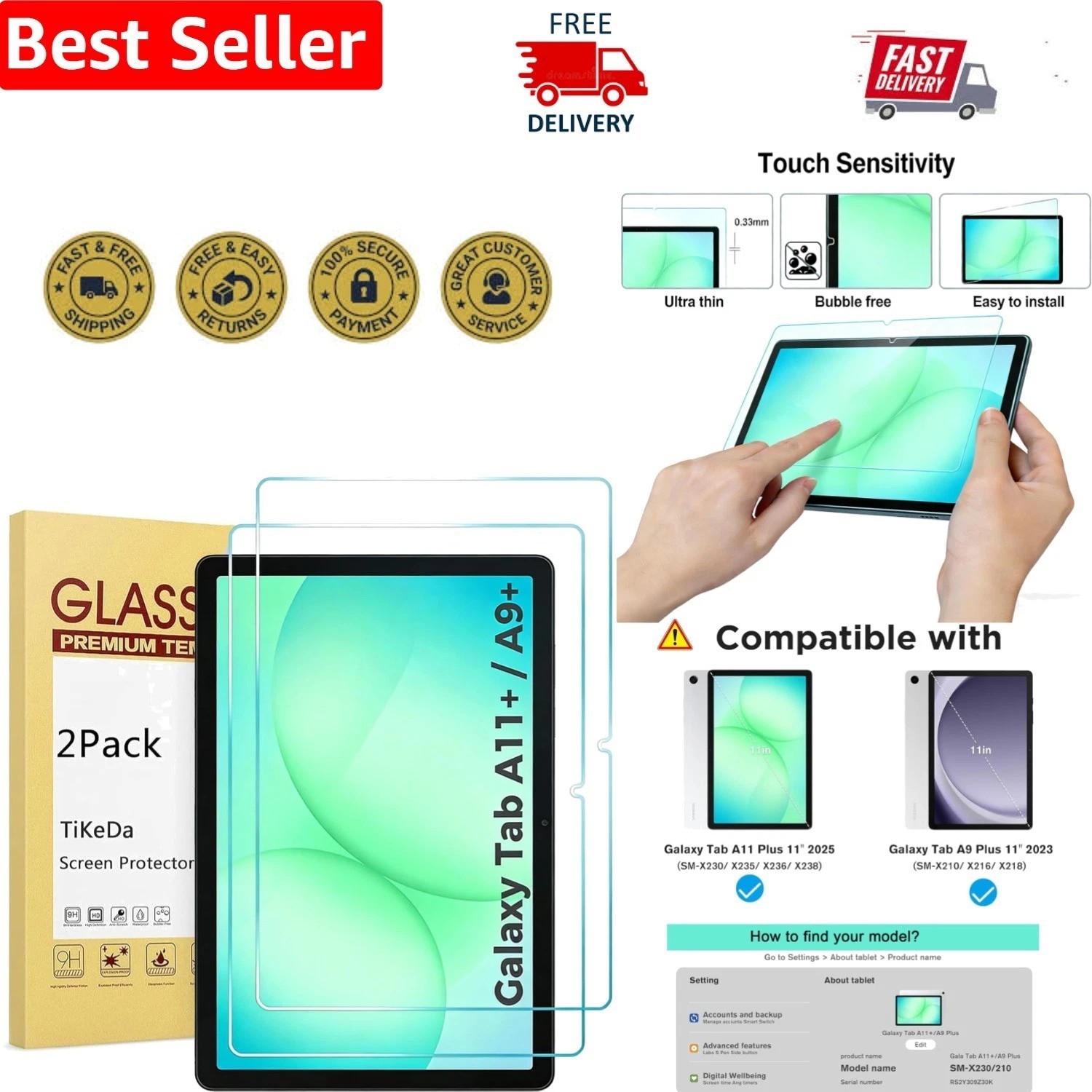 2 Pack Tempered Glass Screen Protector for Galaxy Tab A11/A9 Plus - 9H Toughness