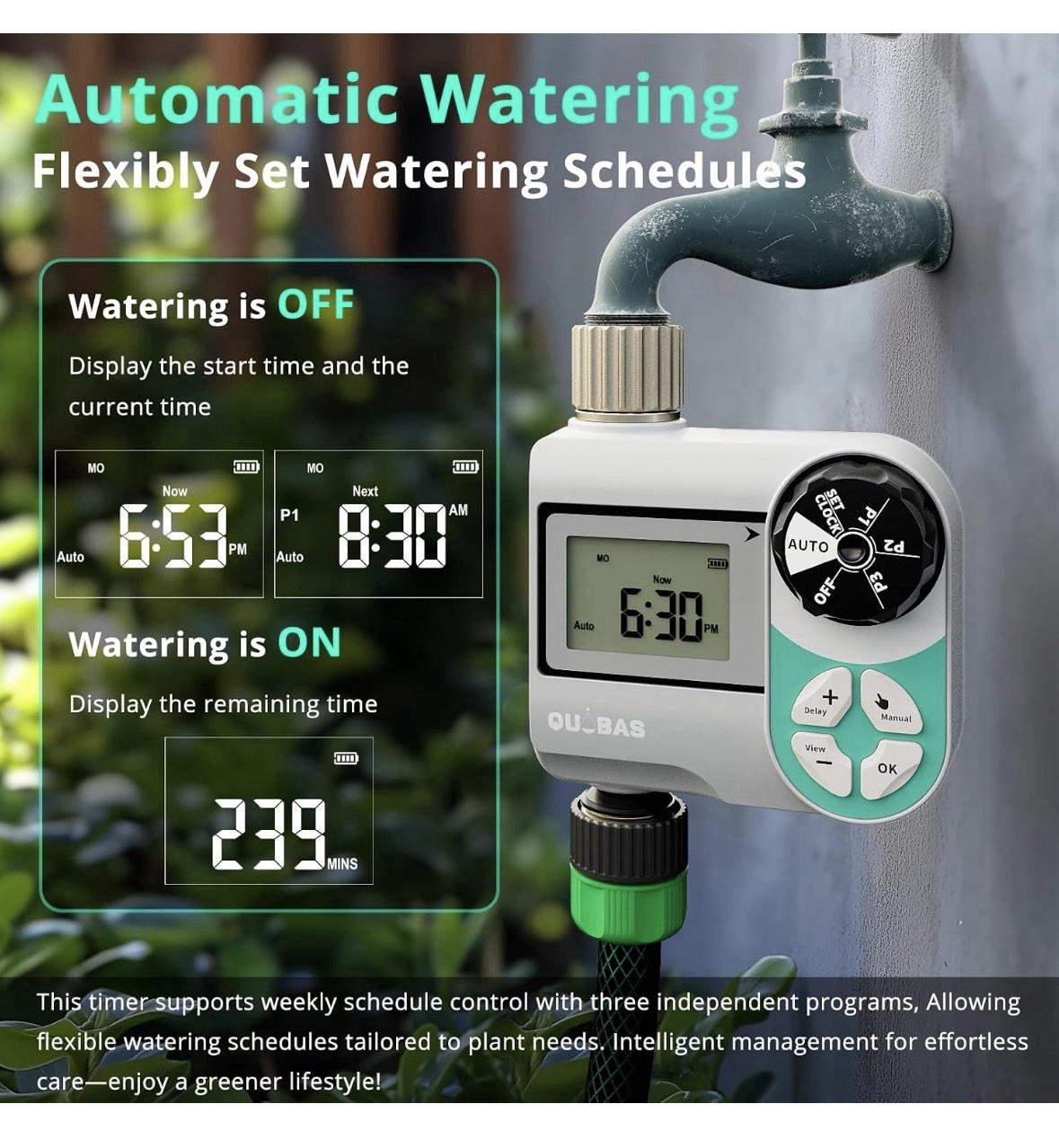 QUOBAS Weekly Plan 2 Zone Sprinkler Timer with Metal Inlet & Outlet, Water Timer