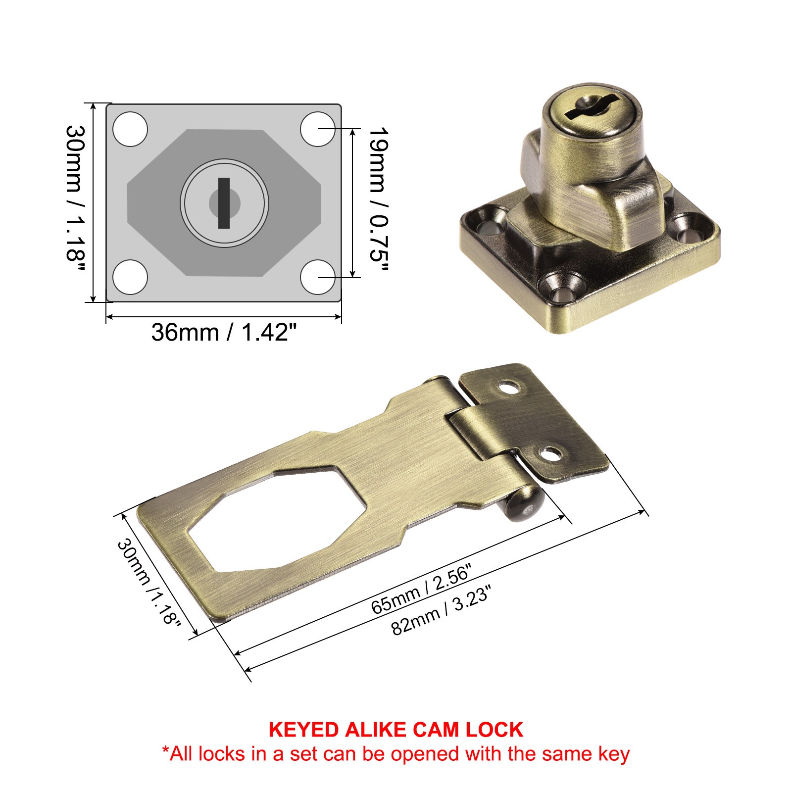 2Pcs 2.5Inch Keyed Hasp Locks Twist Knob Locking Keyed Alike, Bronze
