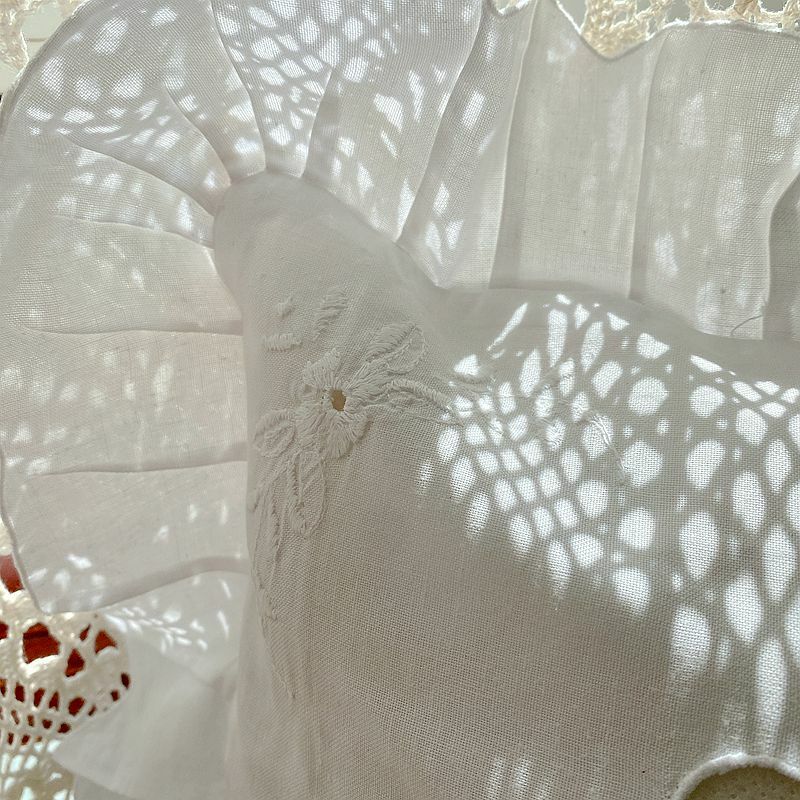 Elegant White Flower Embroidery Hand Hemstitch Wide Frill Cotton Cushion Cover