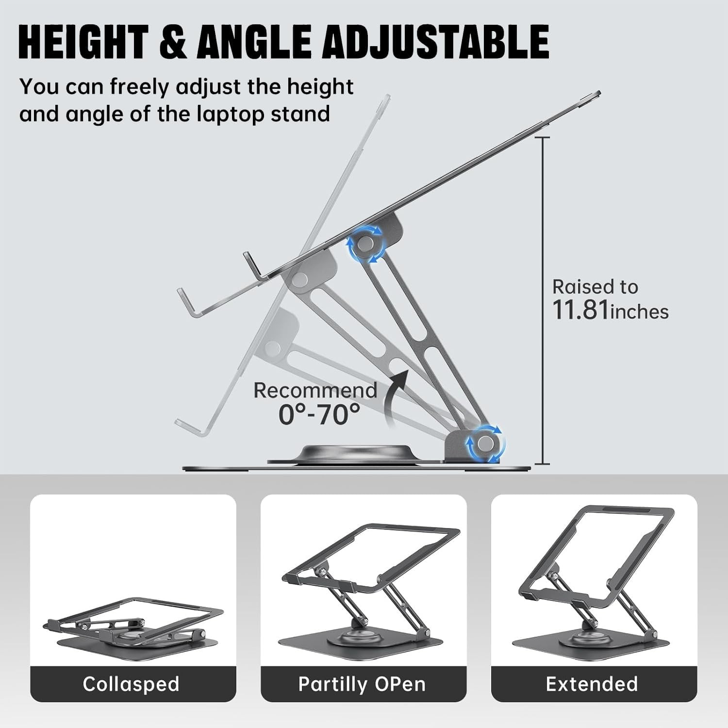Laptop Stand for Desk, Adjustable Computer Stand with 360° Rotating Base, Ergono