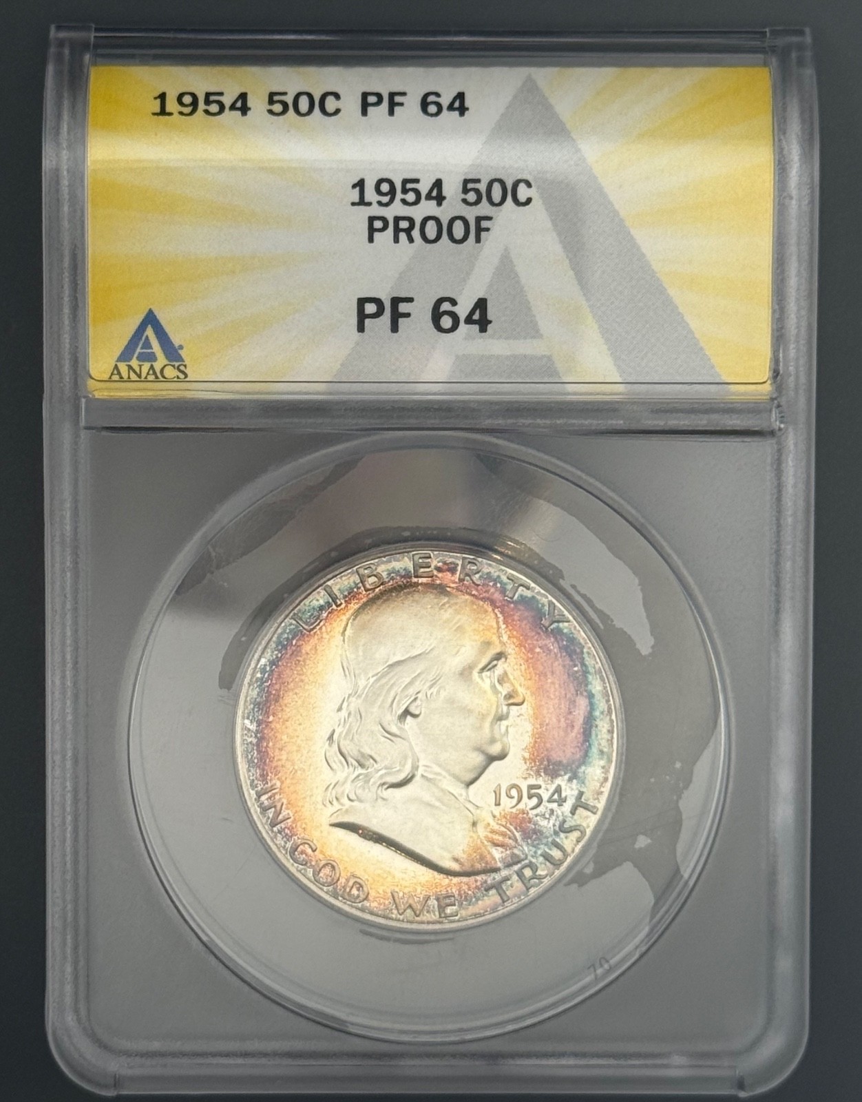1954 PF64 Franklin Half Dollar ANACS 50c -BEAUTIFUL MONSTER TONED PROOF! -