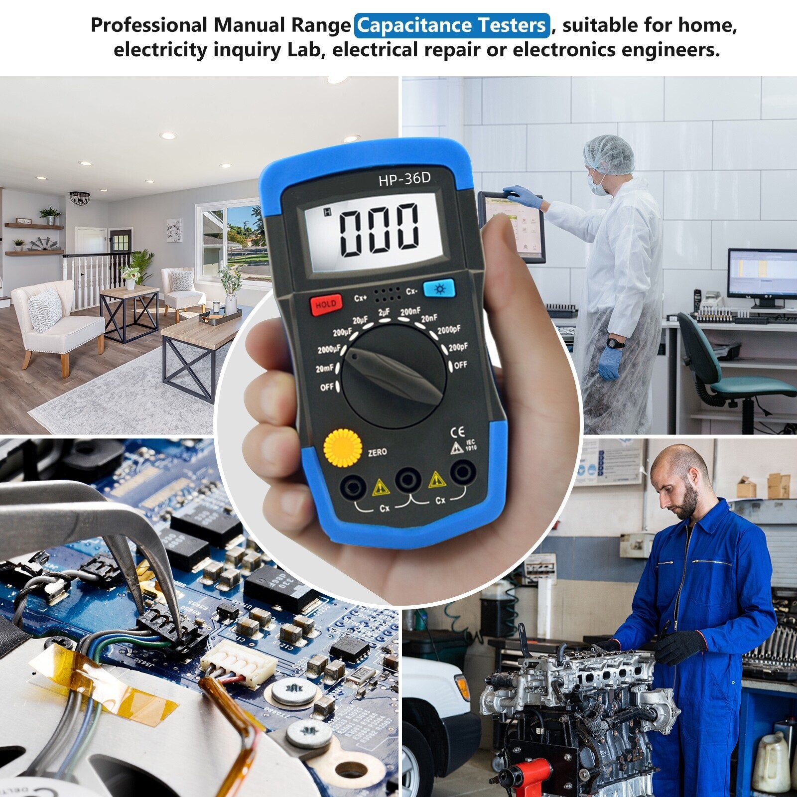 Digital Capacitance Meter Capacitor Tester 200pF-20mF Handheld Multimeter 2000C
