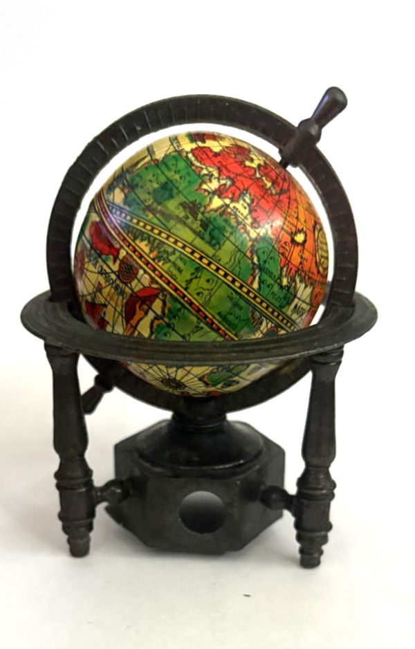 Vintage Miniature Globe Pencil Sharpener With Ornate Metal Stand 3.5"H x 2.5"W