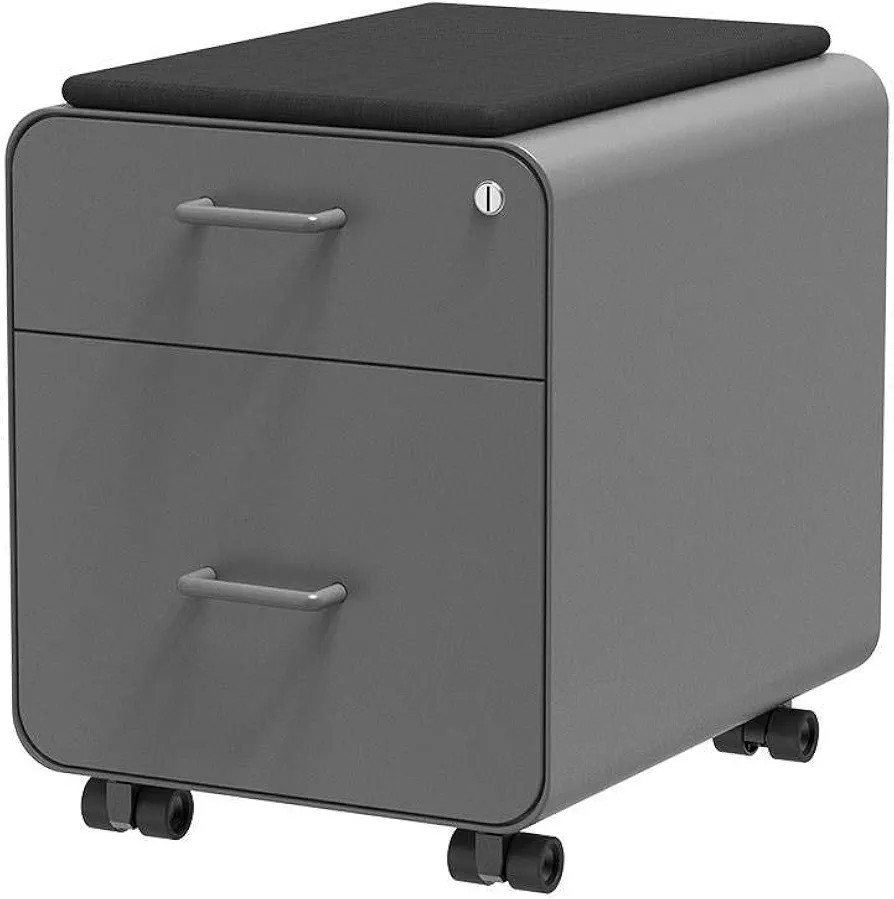 Monoprice Round Corner 2-Drawer File Cabinet - Gray, Lockable With Seat Cushion