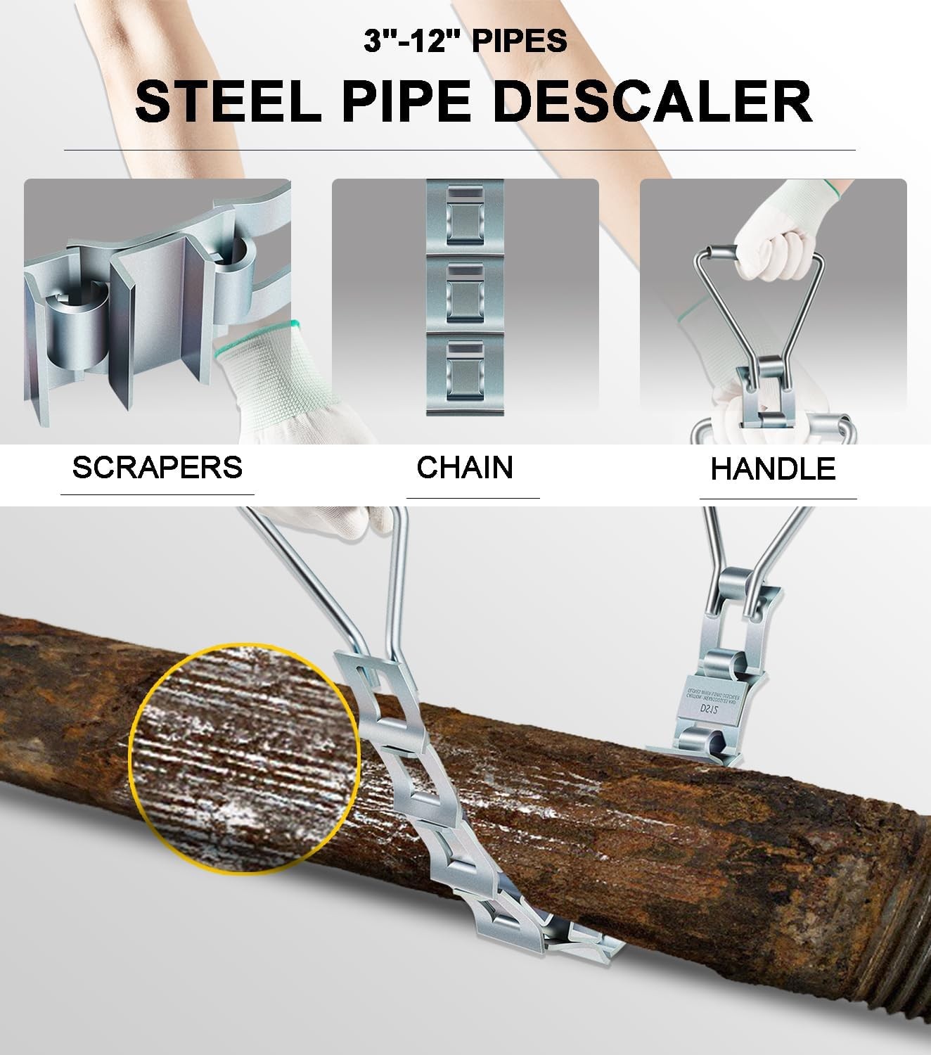 Tool DS12 Steel Pipe Descaler 33" Descaling Tool Remove Scale For 3"-12" Pipes