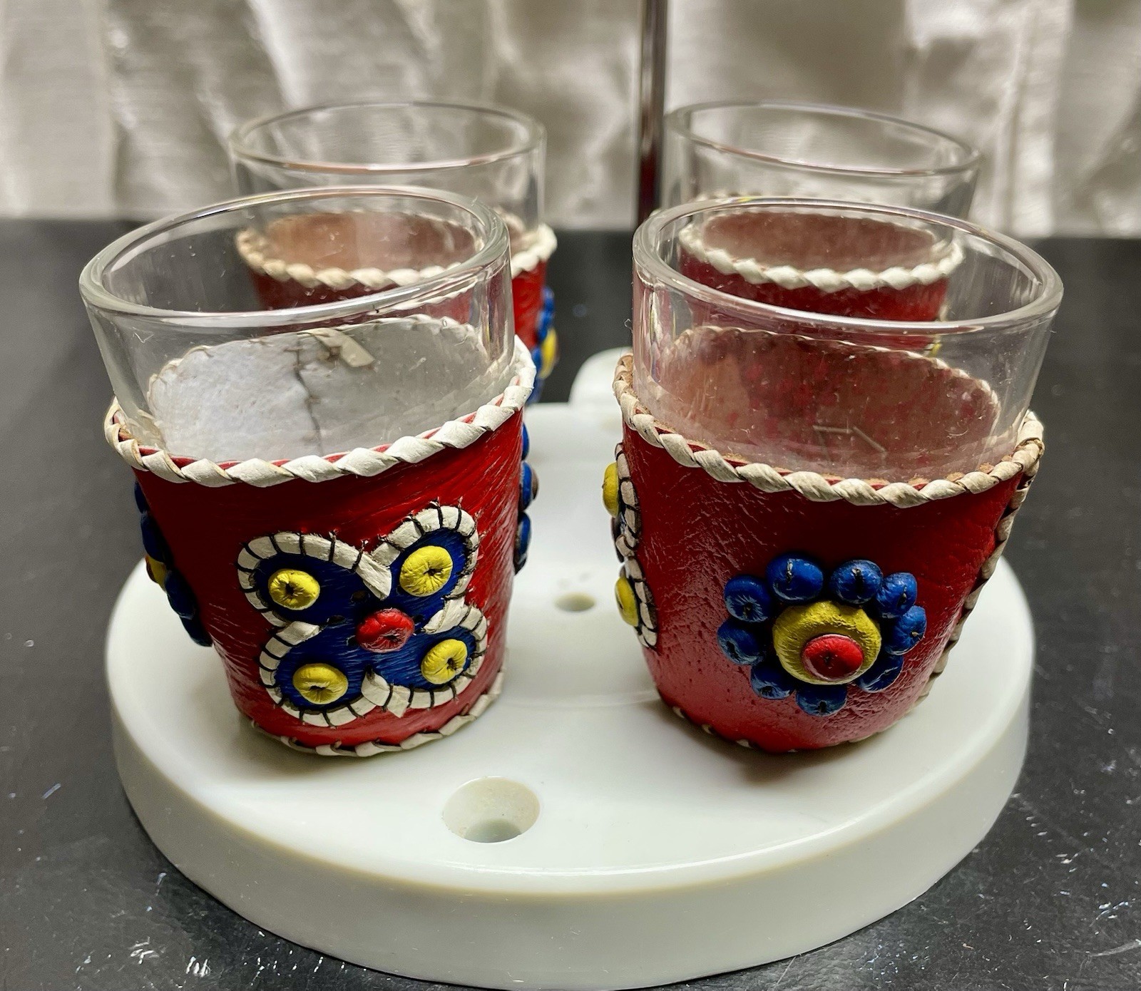 Vintage Folk Art Shot Glasses/ Toothpick Leather Wrapped Exterior Clear Glass 4
