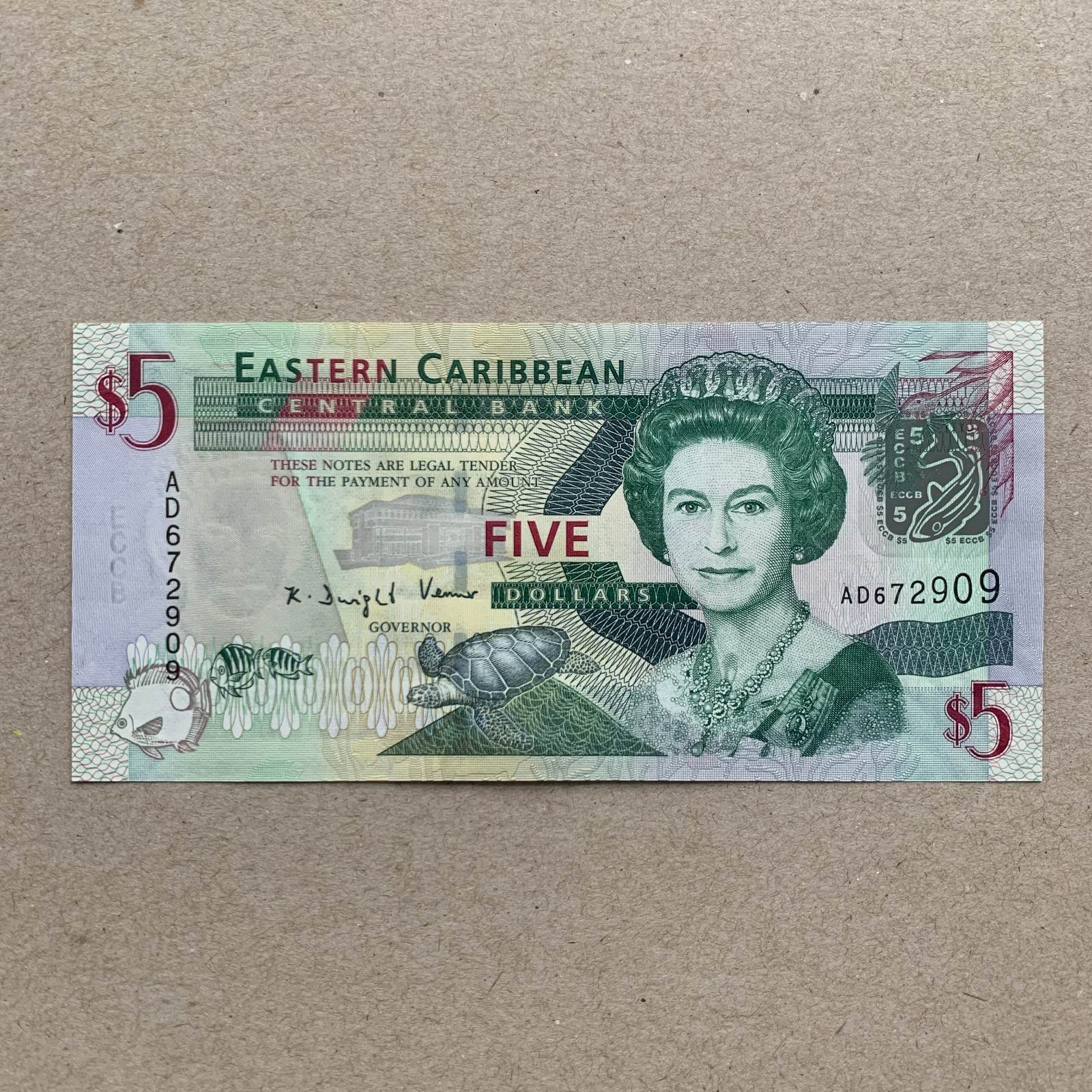 Eastern Caribbean P47 5 Dollars Banknote Fish Foil Currency Queen Elizabeth B999