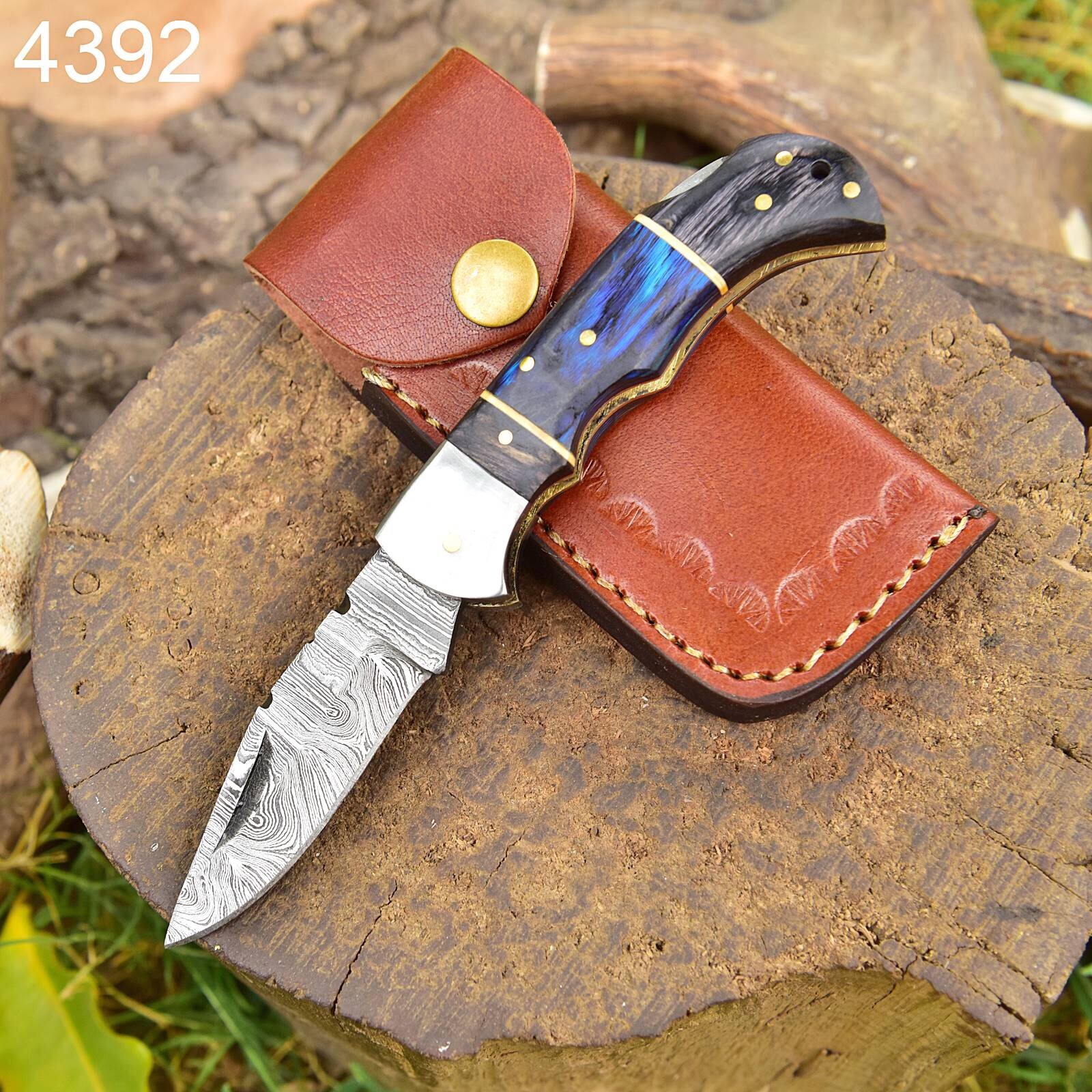 Custom Made Damascus steel Pocket Knife Hunting Outdoor Skinning Folding Knife