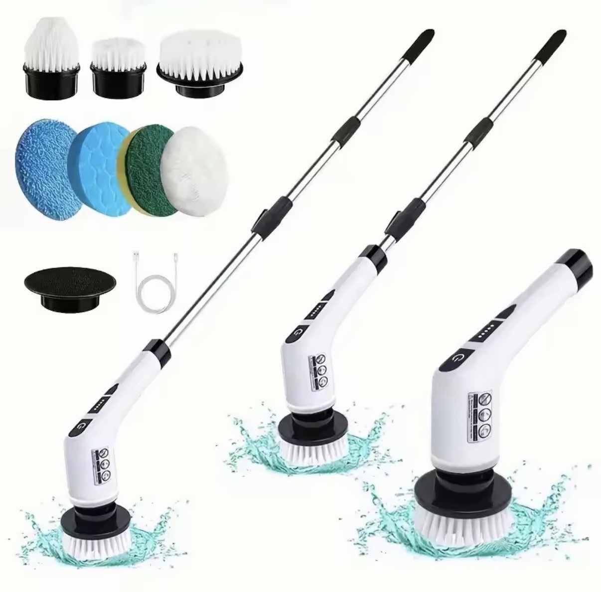 Rechargeable Electric Scrub Brush Kit, 8 Attachments, Adjustable Handle, White