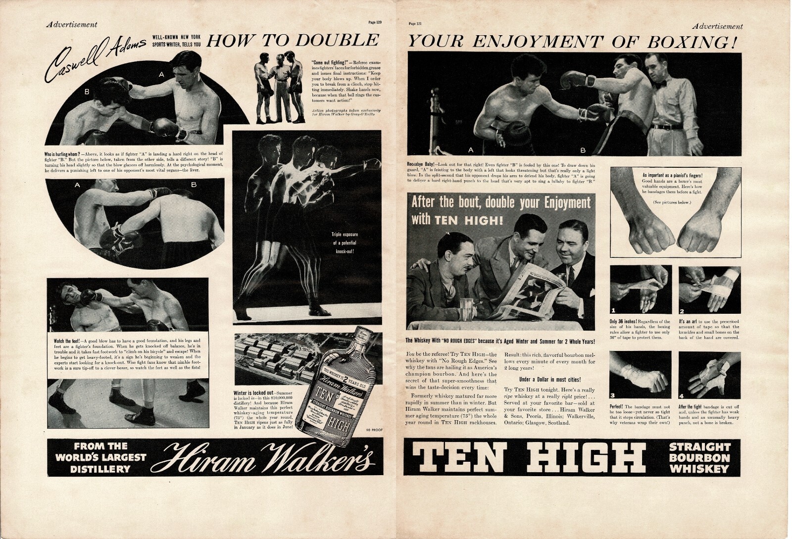 1937 Hiram Walker Ten High Bourbon Whiskey Boxing Caswell Adams2-page Vintage Ad