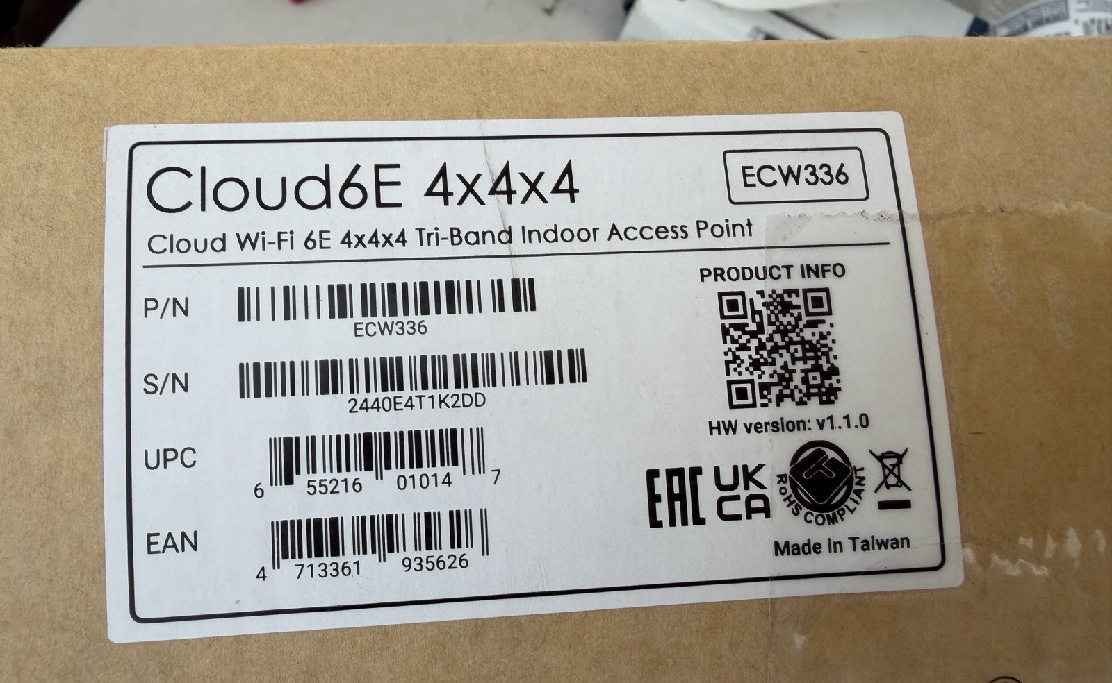 Cloud Managed ECW336 Wi-Fi 6E 4x4 Indoor Ceiling Mount Tri-Band Access Point