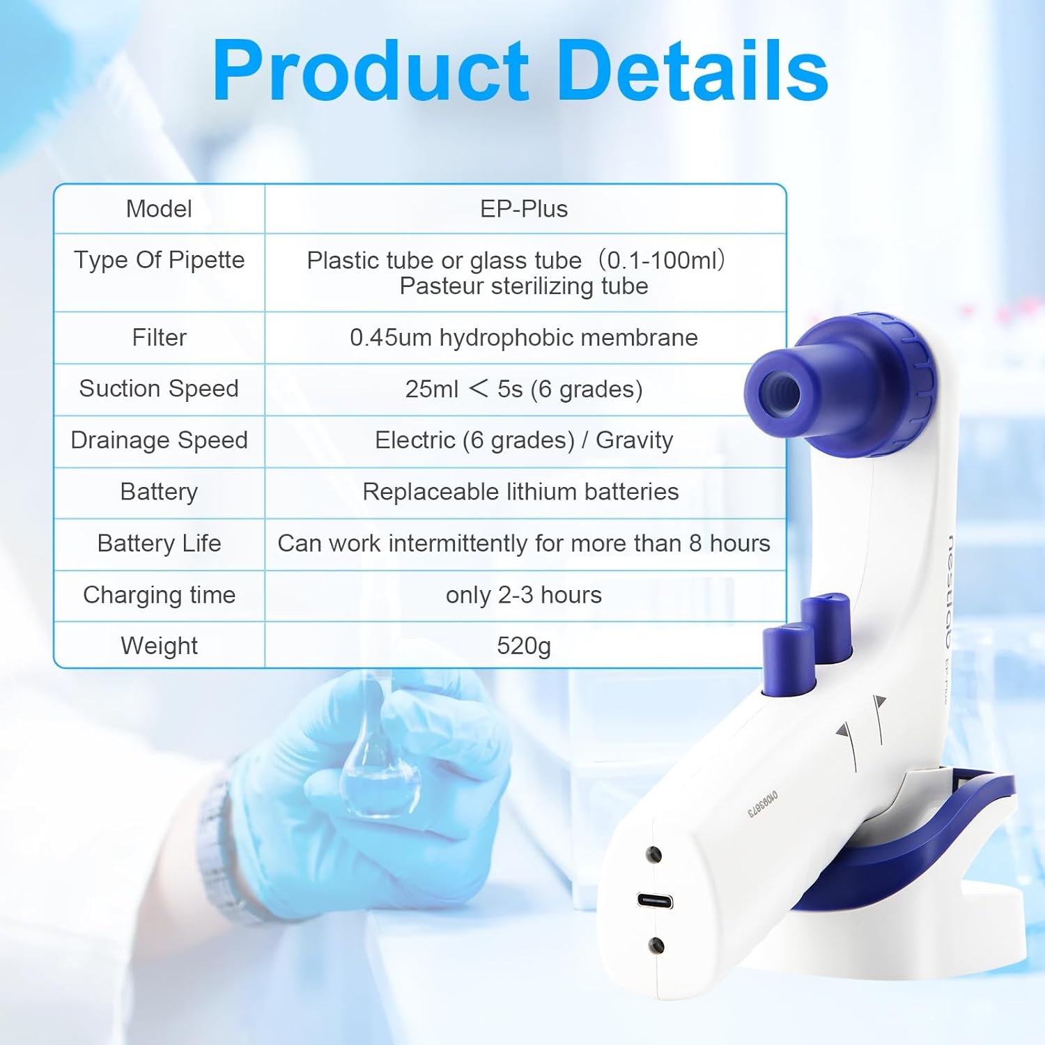 Lab Electric Pipette 0.1-100ml Controller Electronic Pipettor 6 Adjustable Speed