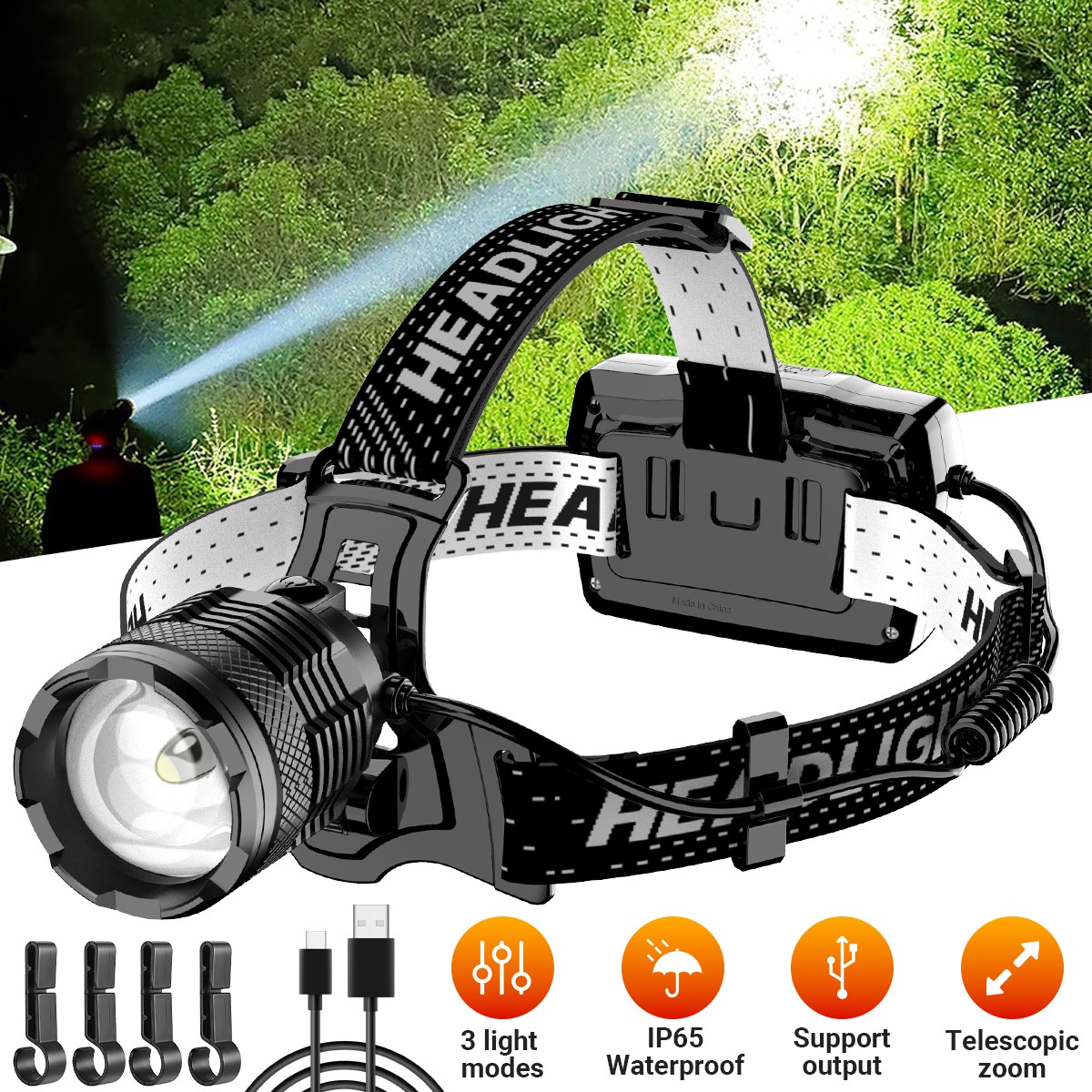 Super Bright 30W LED Headlamp Rechargeable Motion Sensor Headlight Head Torch