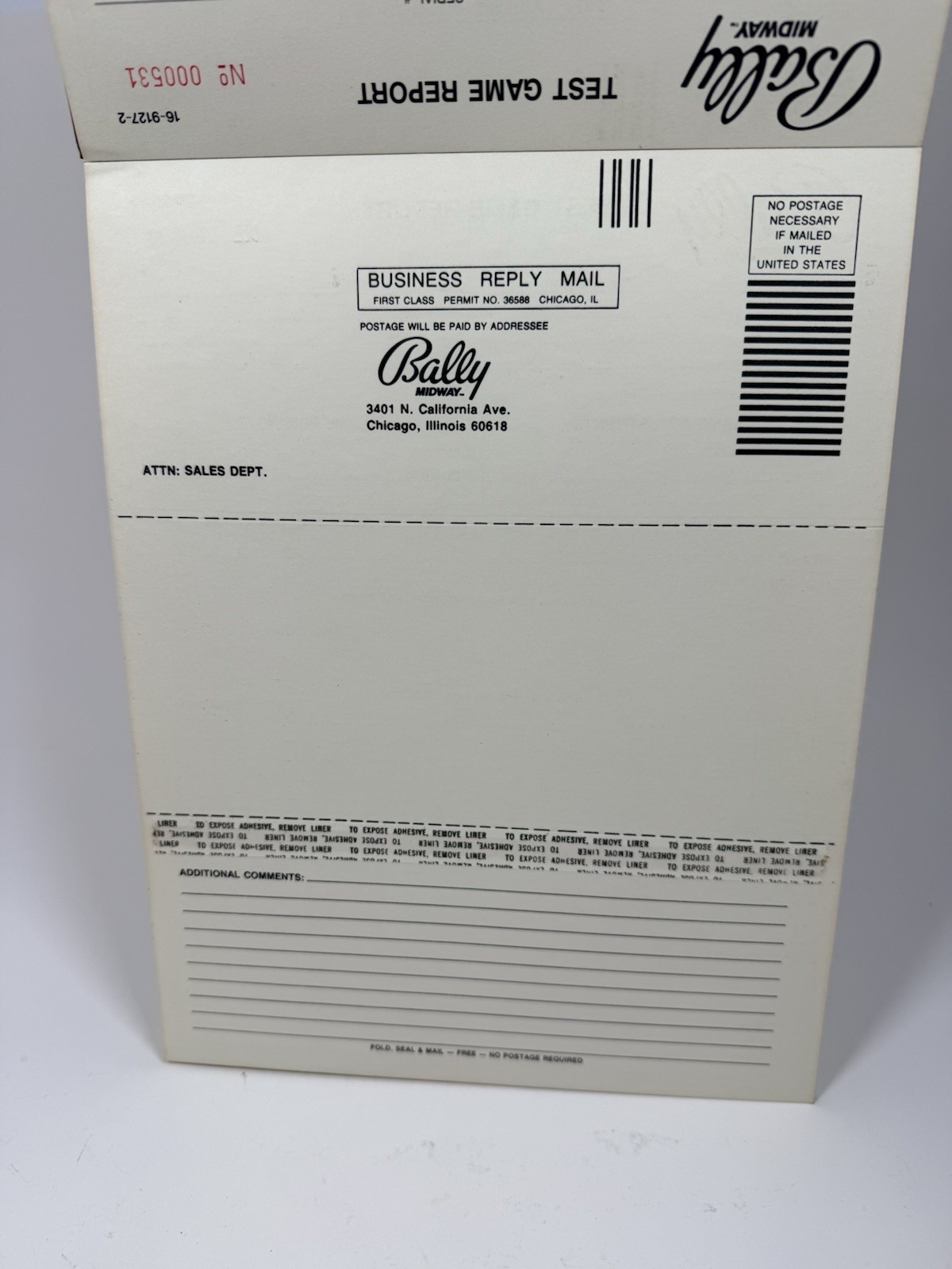 Vintage BALLY/MIDWAY Master Test Report Pinball