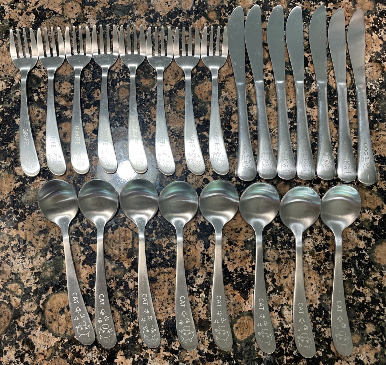 23 Pc Set Childs Stainless Flatware Dog Cat Giraffe Knife Fork Spoon Unbranded