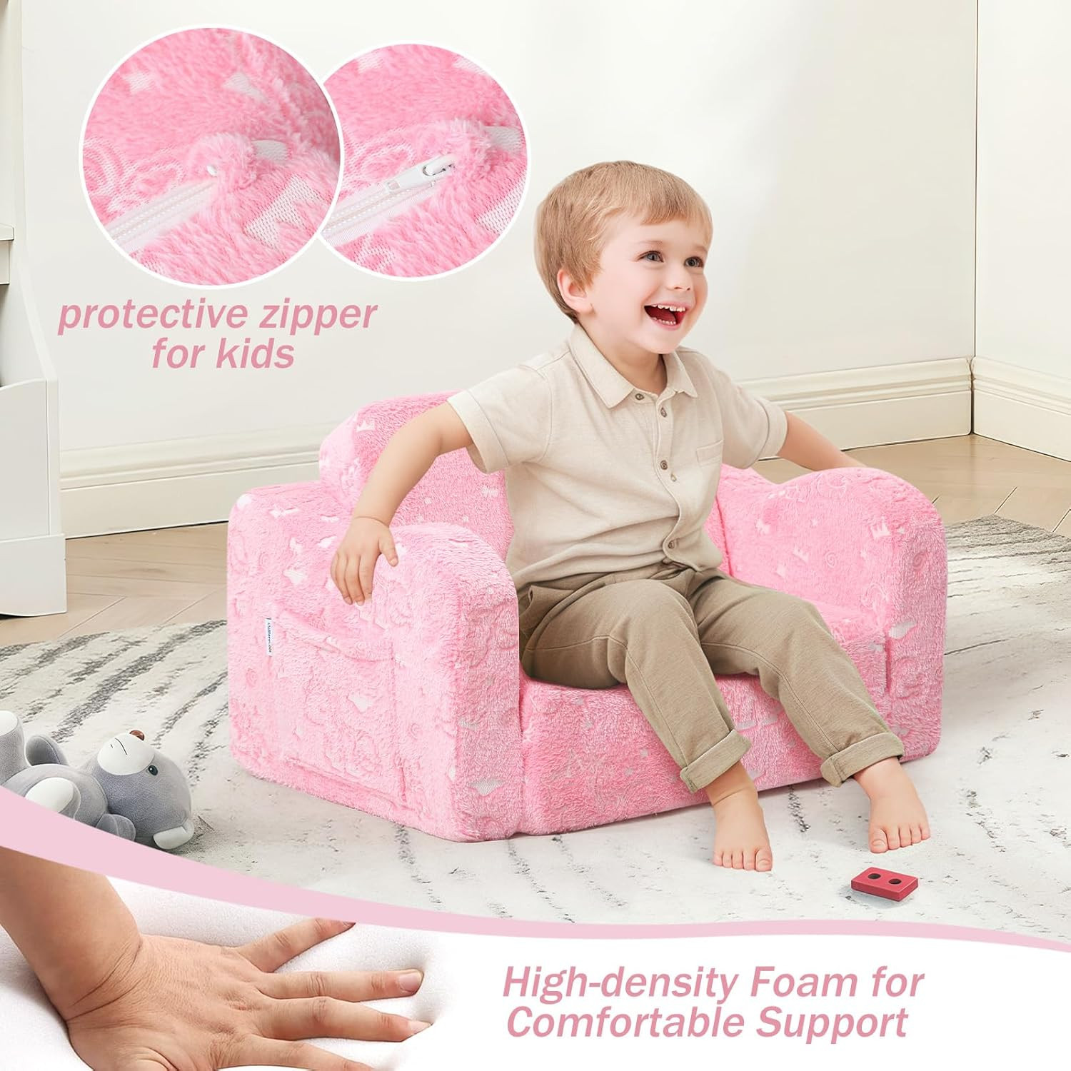 Glow-In-The-Dark Unicorn Kids Couch – Soft Plush Folding Toddler Chair and Fold-
