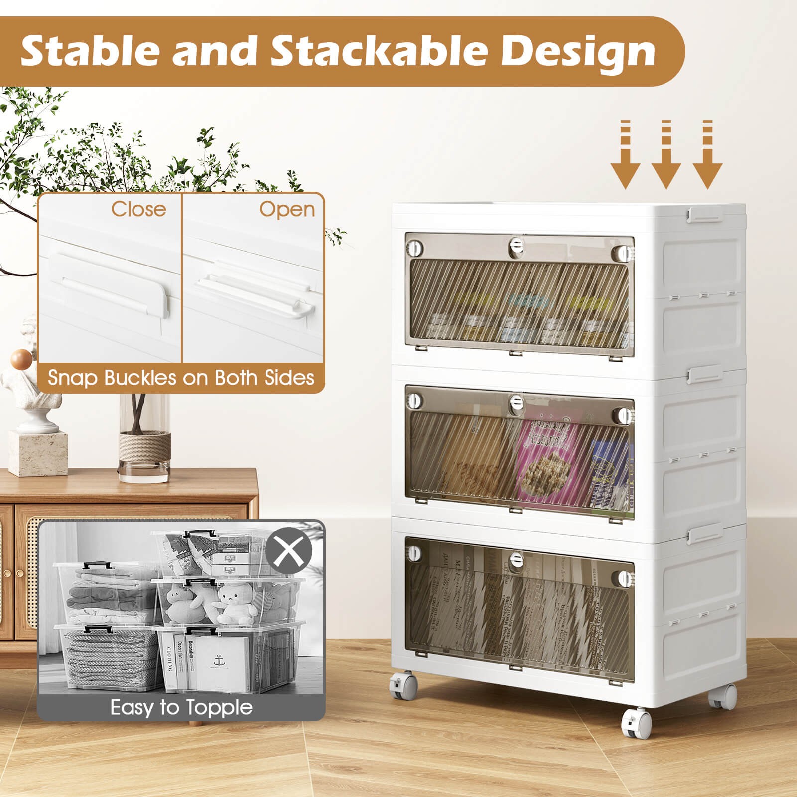 3-Tier Stackable Storage Bins 33-gal Collapsible Storage Boxes w/ Lid Organizer