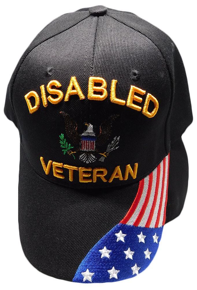 DISABLED VETERAN Cap/Hat with Eagle & Flag, Black Military Hat LICENSED
