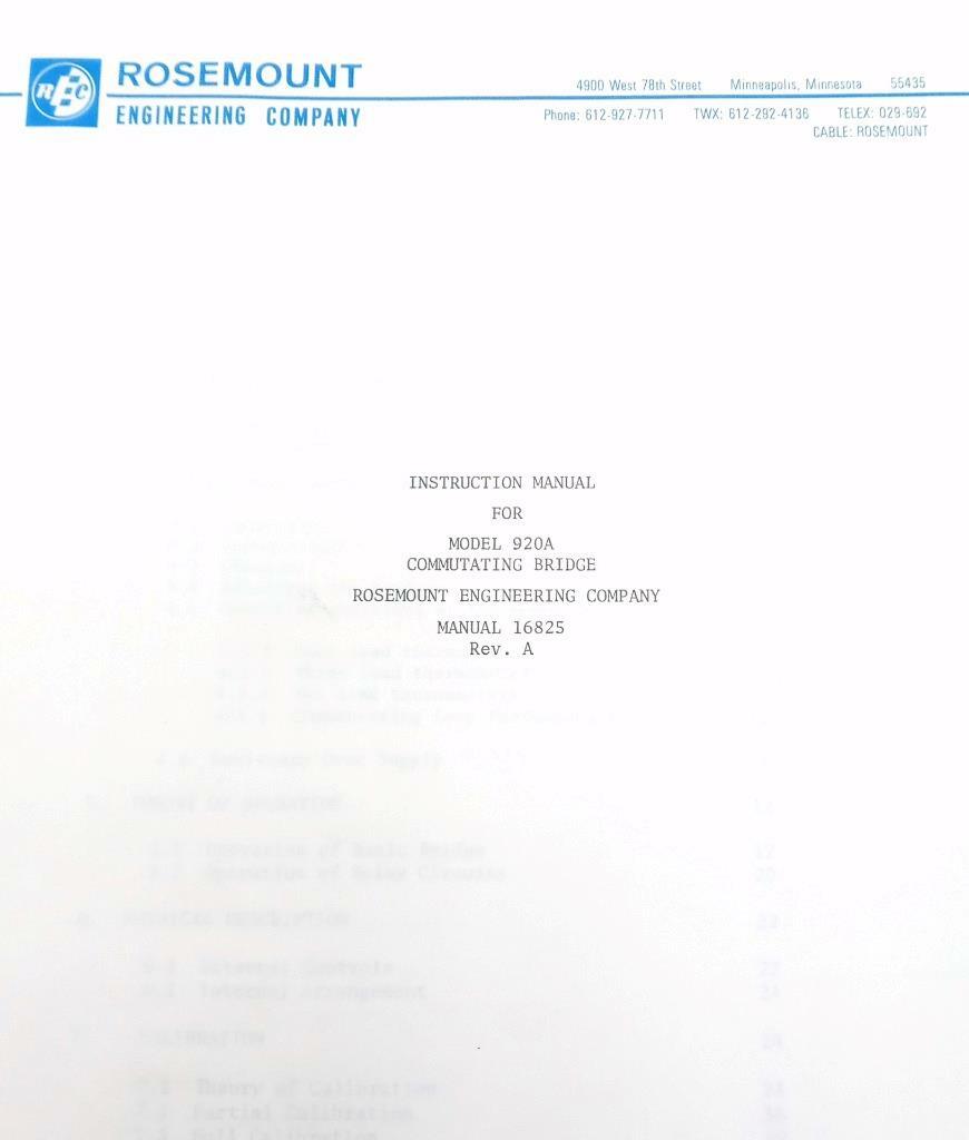 Rosemount Engineering Co. Model 920A Commutating Bridge Instruction Manual