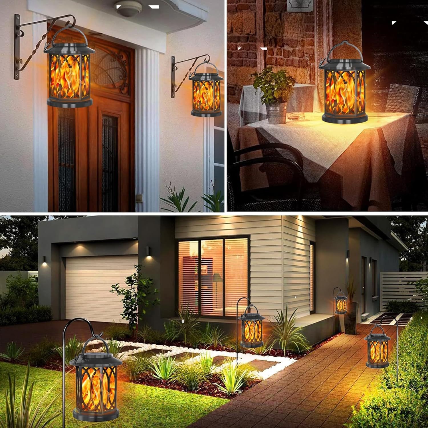 2x Solar LED Flicker Flame Lanterns Lantern , Outdoor Garden & Pathway Lights