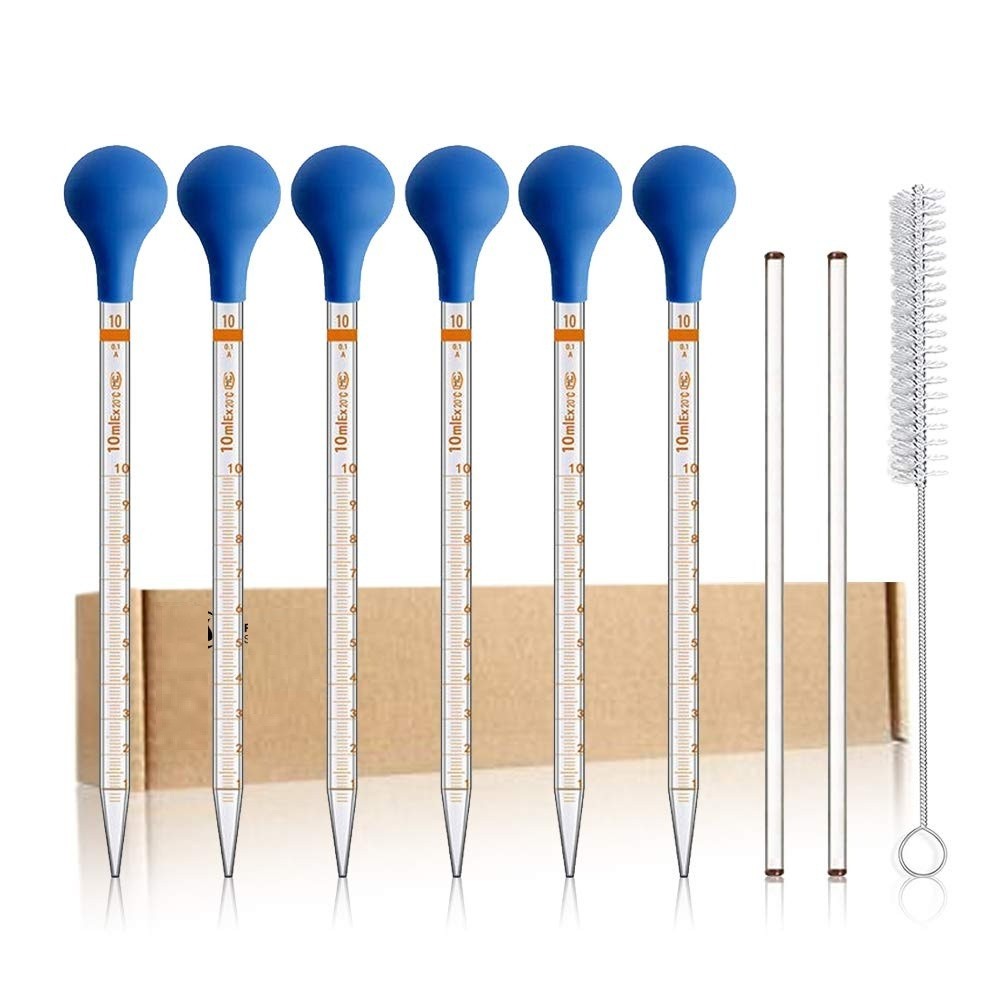 6 Pack 10ml Glass Graduated Dropper Pipette with 2-Pack 8" Glass Stir Rod