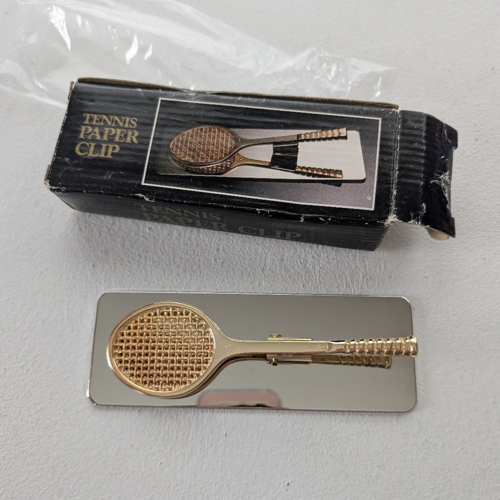 Vintage Tennis Racket Money Clip Gold Tone Made in Taiwan ROC With Box