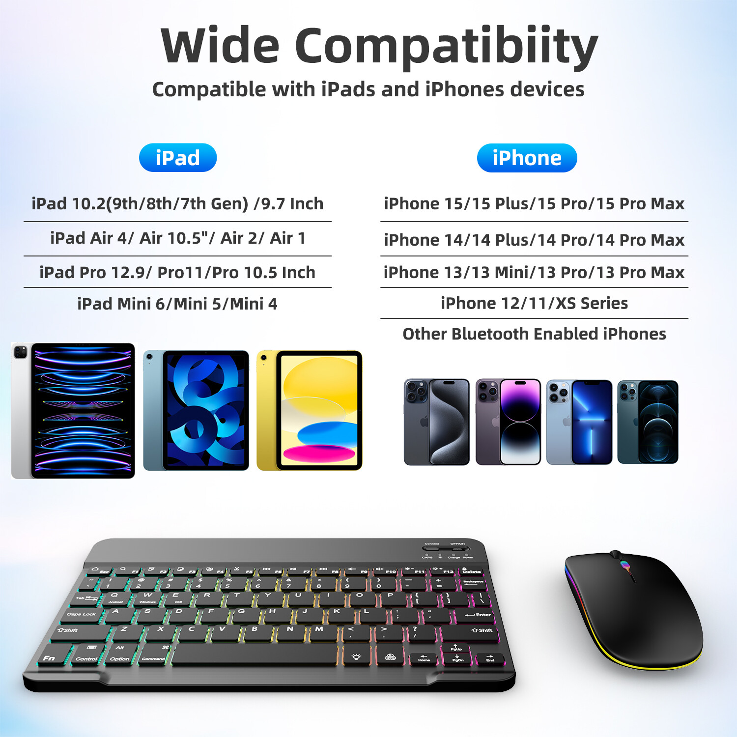 Backlit RGB Wireless Keyboard & Mouse Combo Bluetooth Set for iPad / PC / Laptop