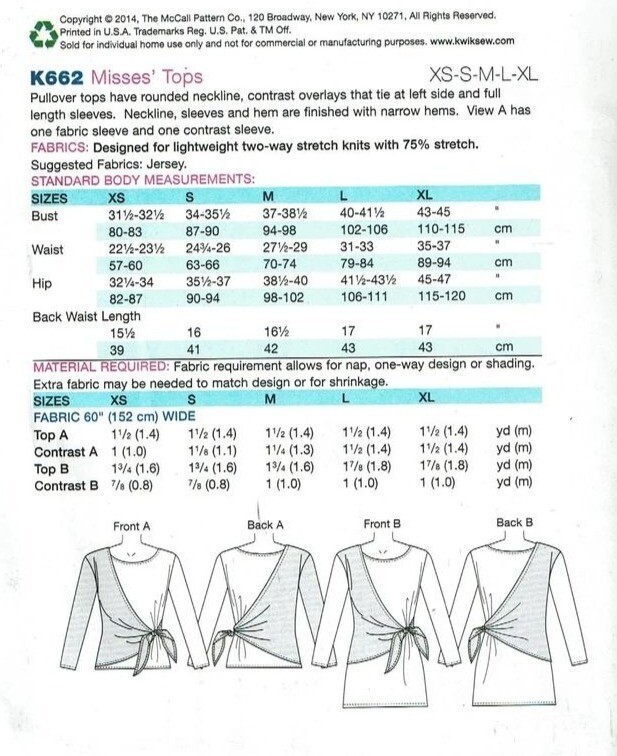 Kwik Sew Sewing Pattern 662 Tops Misses Size XS-XL