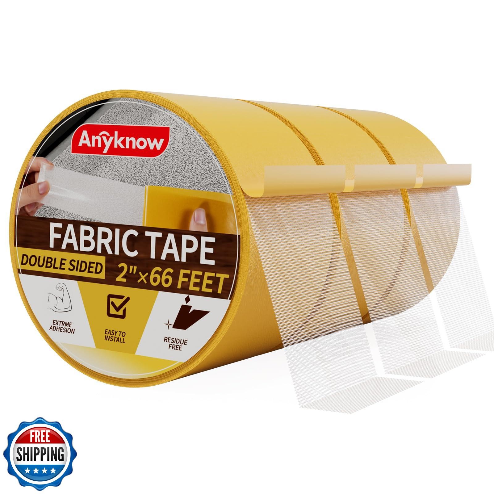 Anyknow Double Sided Fabric Tape Heavy Duty，3 Rolls 2inch x 66FT Double Stick