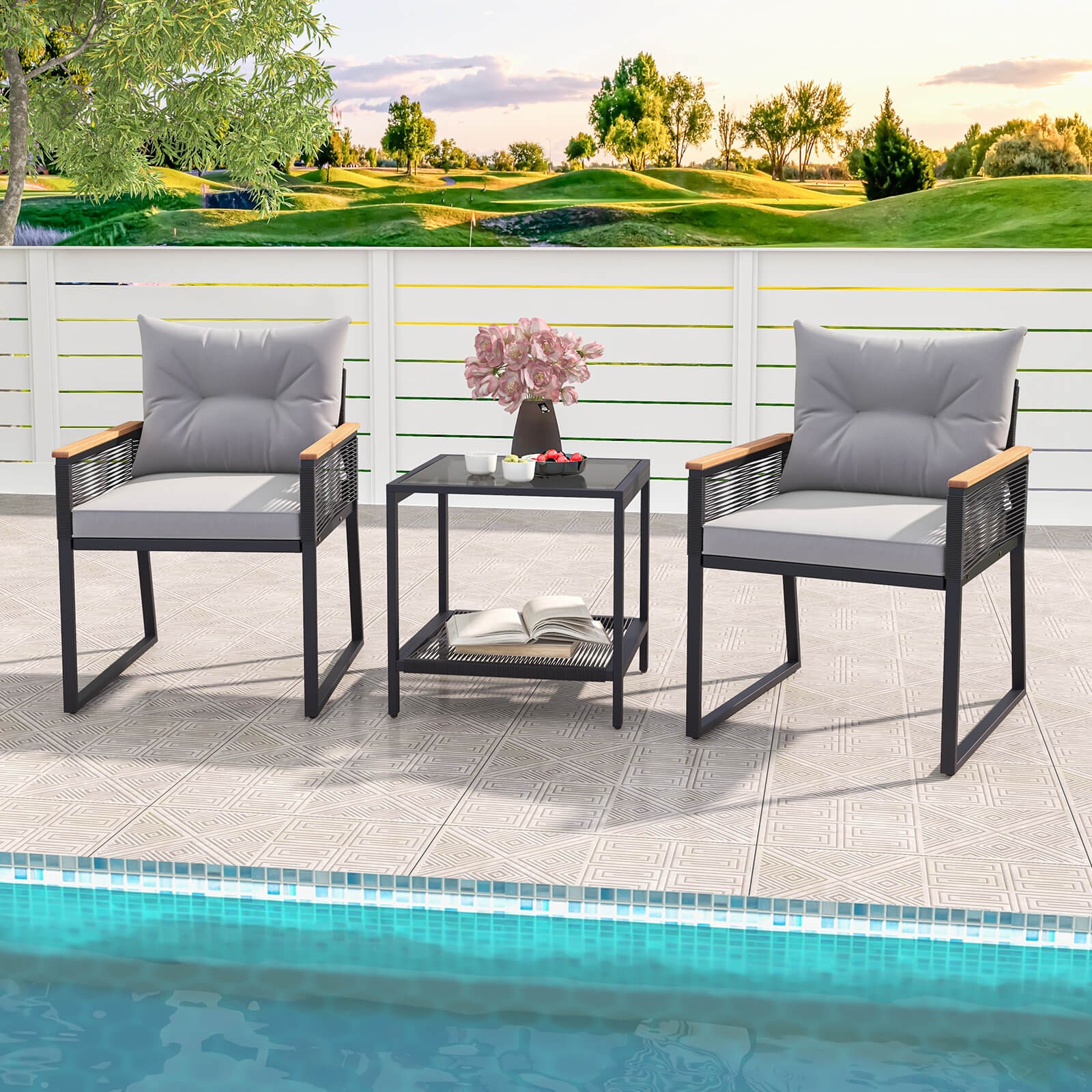 3 PCS Outdoor Conversation Set w/ 2-Layer Side Table Acacia Wood Armrests