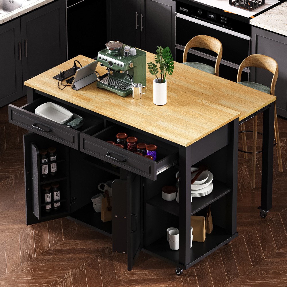 Kitchen Island W Extendable Dining Table Internal Storage Rack Storage