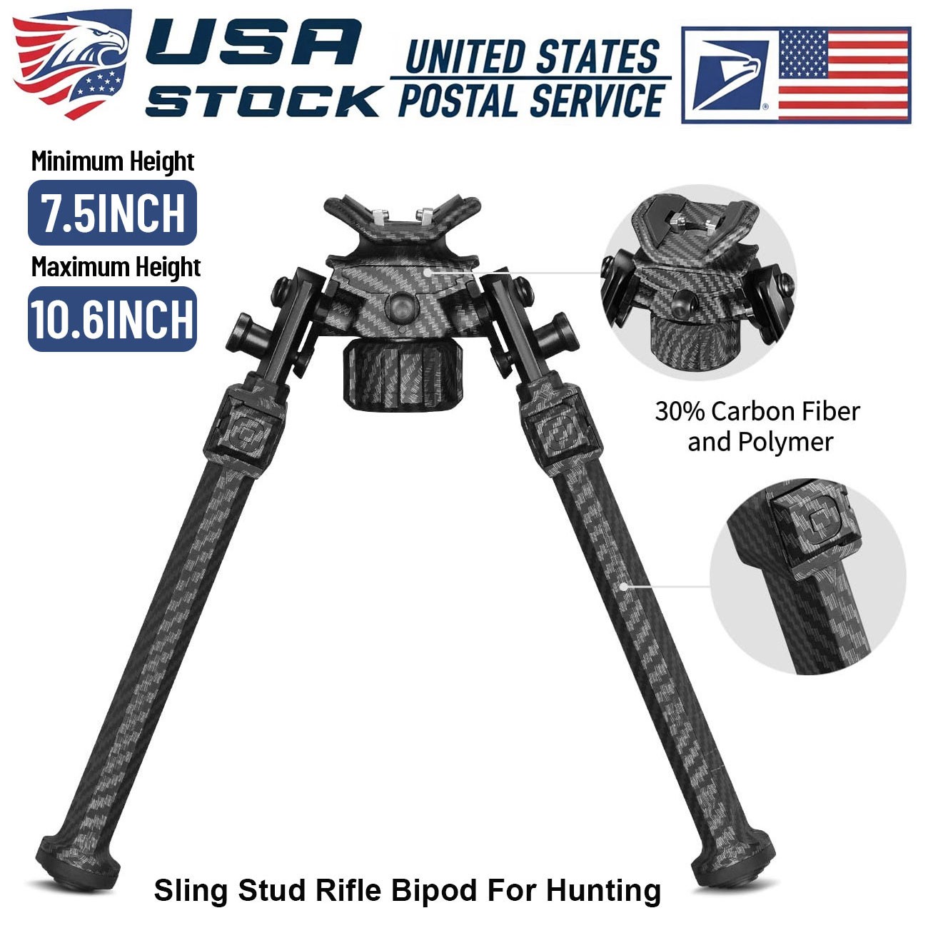 7.6"-10.5" Hunting Rifle Bipod 30% Carbon Fiber Foldable for Sling Stud Mounting